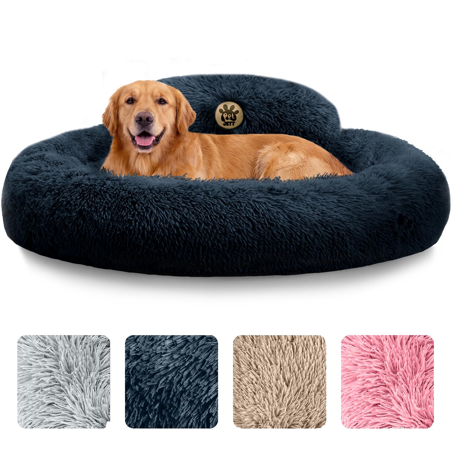 PetJett Calming Dog Beds Large Sized Dog - 36 Round Bed, Anti-Slip & Washable Super Soft Donut Bed, Fluffy Faux Fur Anti-Anxie