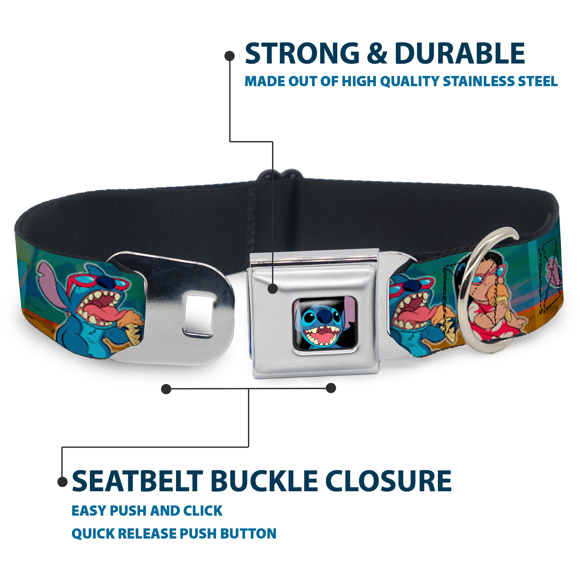 Buckle-Down Dog Collar Seatbelt Buckle Lilo Stitch 5 Scene Blocks, Multicolor, 1.5' Wide - Fits 18-32' Neck - Large (Dc-Wdy301