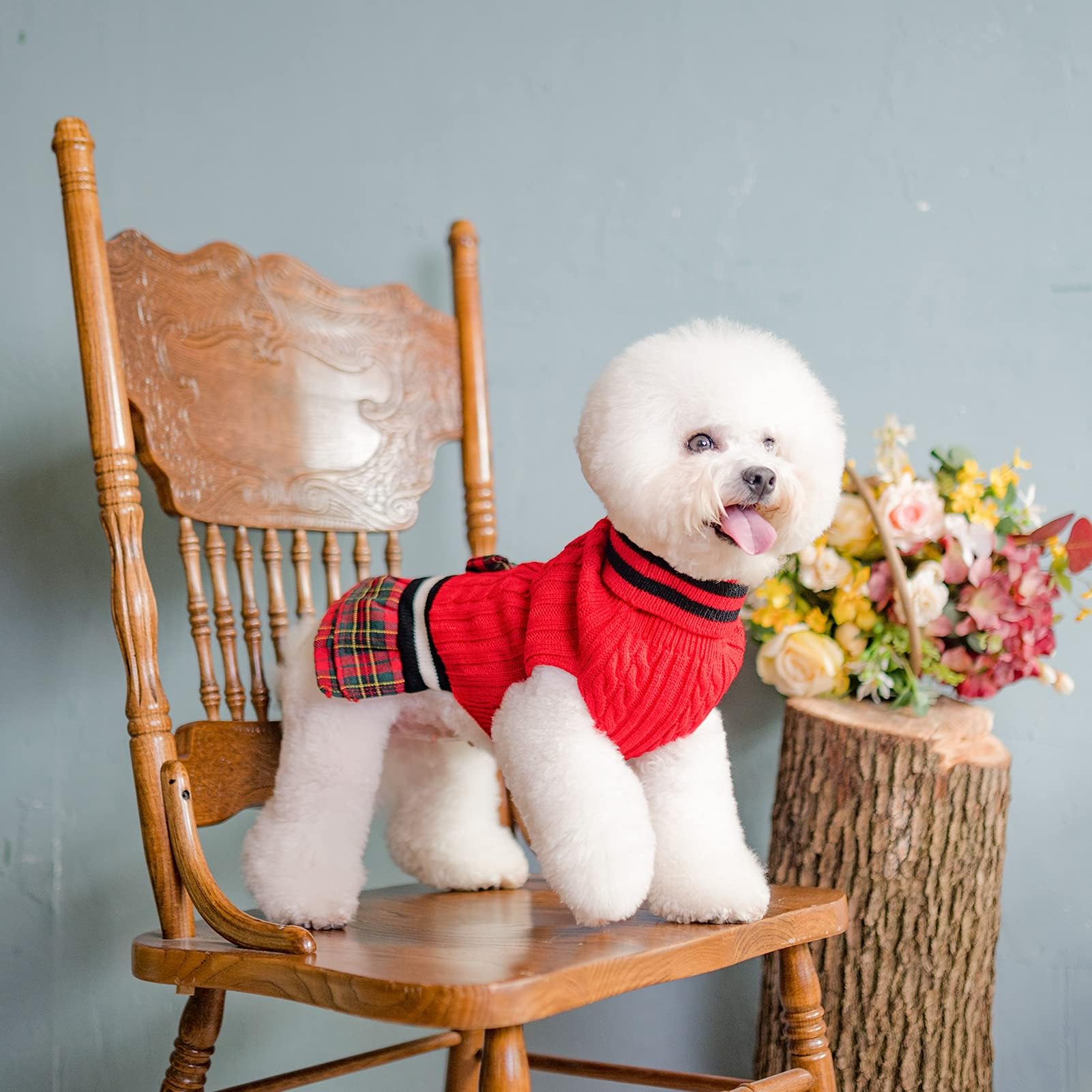 Pawchie Dog Sweater Dress With Bowtie - Dog Turtleneck Pullover Knitwear For Small Dogs Girls Cold Weather Sweater With Leash Hole, Suitable For Small Medium Dogs Puppies