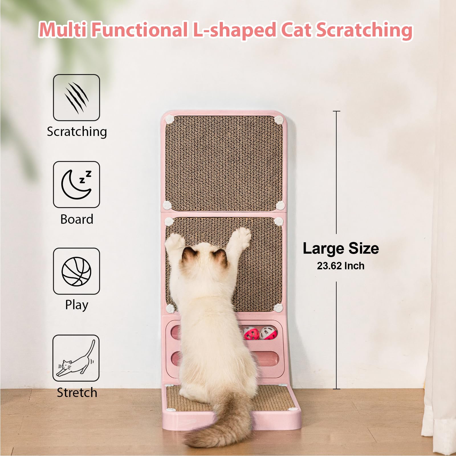 Goosheep L Shaped Cat Scratcher With Replacement Pads - Wall Scratching Board & Ball For Indoor Cats - Pink