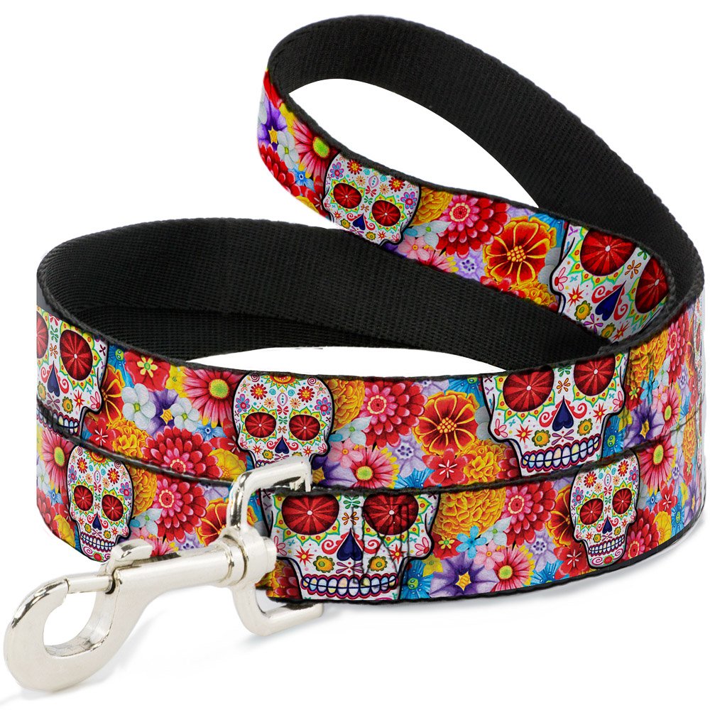 Buckle-Down Pet Leash - Sugar Skull Starburst White/Multi Color - 4 Feet Long - 1.5' Wide