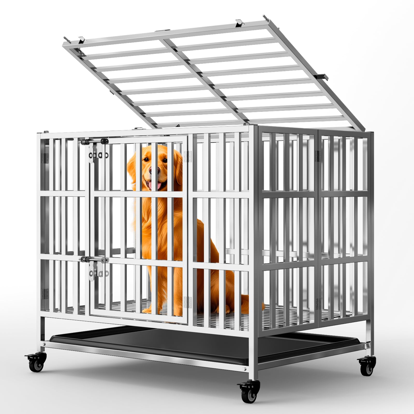 Holiwei 37 Heavy Duty Dog Crates for Large Dogs, Upgraded 4 Lockable Wheels, Stainless Steel Kennel Dog Kennel Indoor, Max Load 