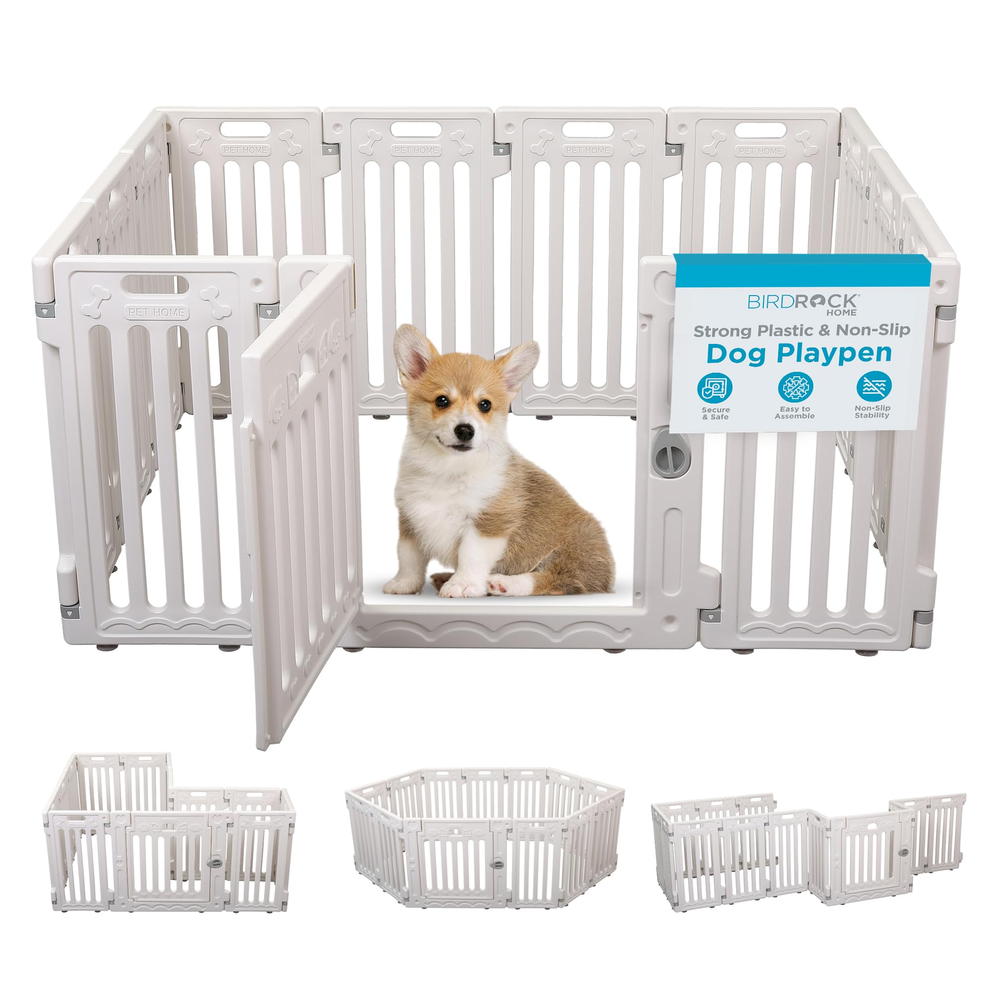 BIRDROCK HOME Dog Playpen w/Door, 12 Panel, 25.6in H | Strong Plastic, Non-Slip Puppy Playpen, Secure Pet Gate | Indoor Outdoor 