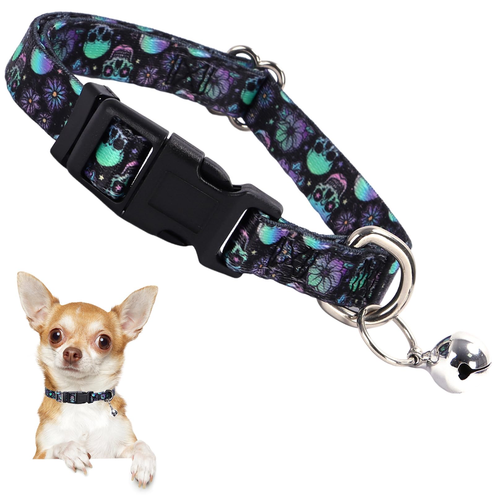 Small Dog Collar With Bell - Soft Adjustable Nylon Collar For Small Breeds, Skull Pattern Collar For Chihuahua Pomeranian Yorkie