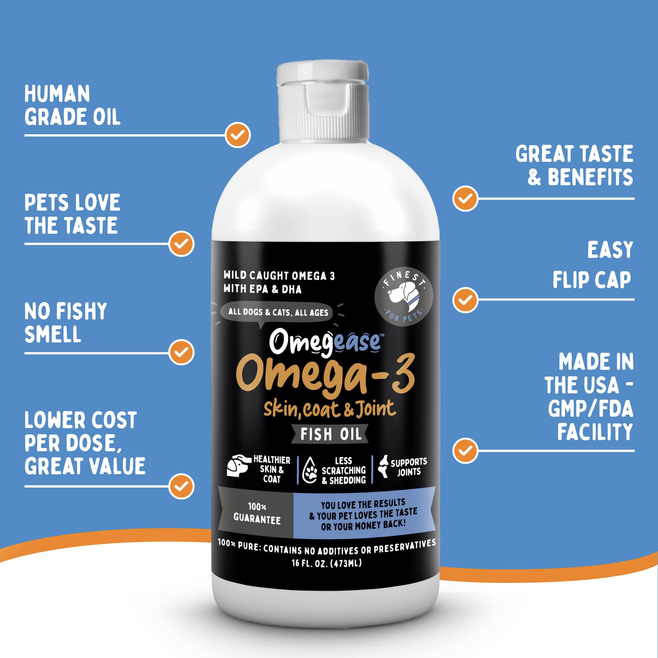 Finest For Pets Omega 3 for Dogs & Cats - 16oz Pure Fish Oil with 1,545mg Omega-3, EPA & DHA for Joints, Skin, and Immune Health
