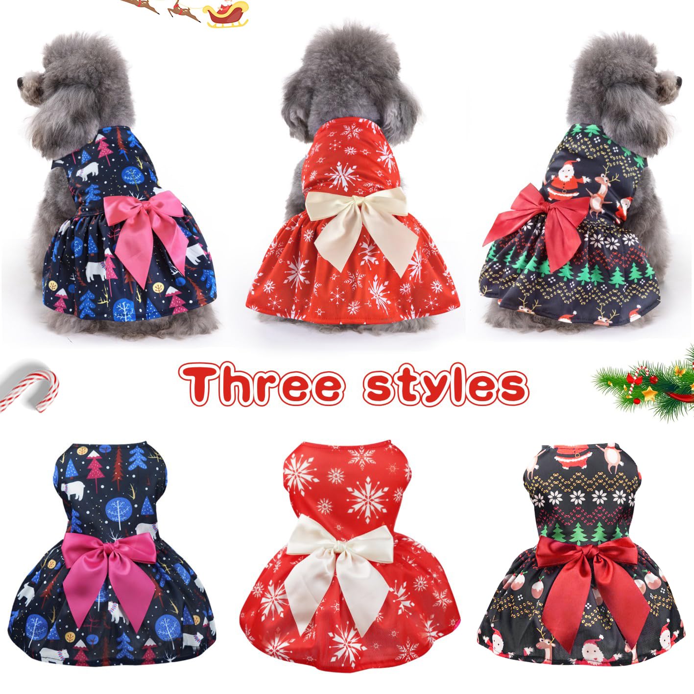 Otunrues Santa Dog Dresses Set Of 3 Lightweight Small Dogs Pets Christmas Snowflake Costume With Bowtie Holiday Party Outfit