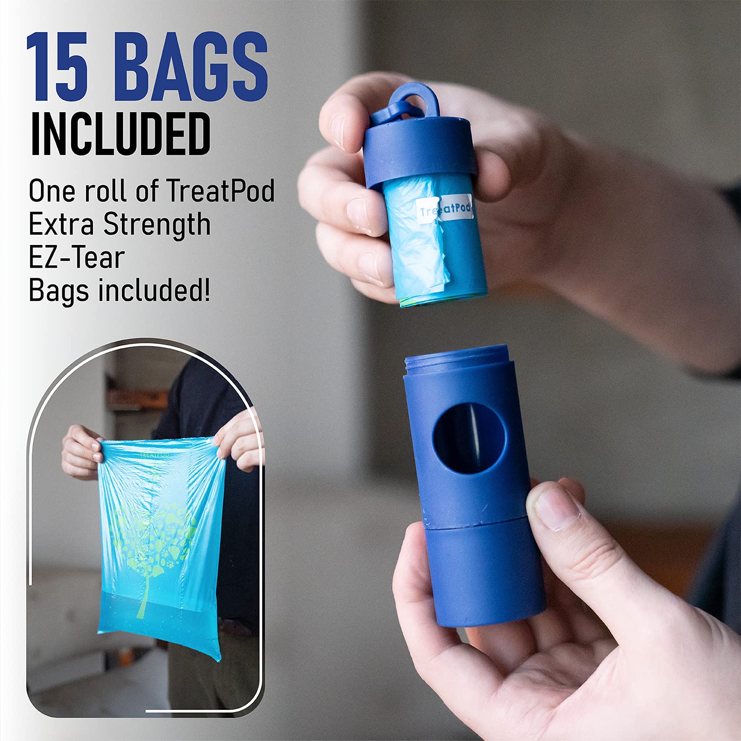 TreatPod Leash Treat Holder and Poop Bag Dispenser - 2 in 1 Dog Waste Bag Dispenser and Treat Container Pouch, Includes 15 Eco Friendly Extra Strength Bags (Navy) -Like New