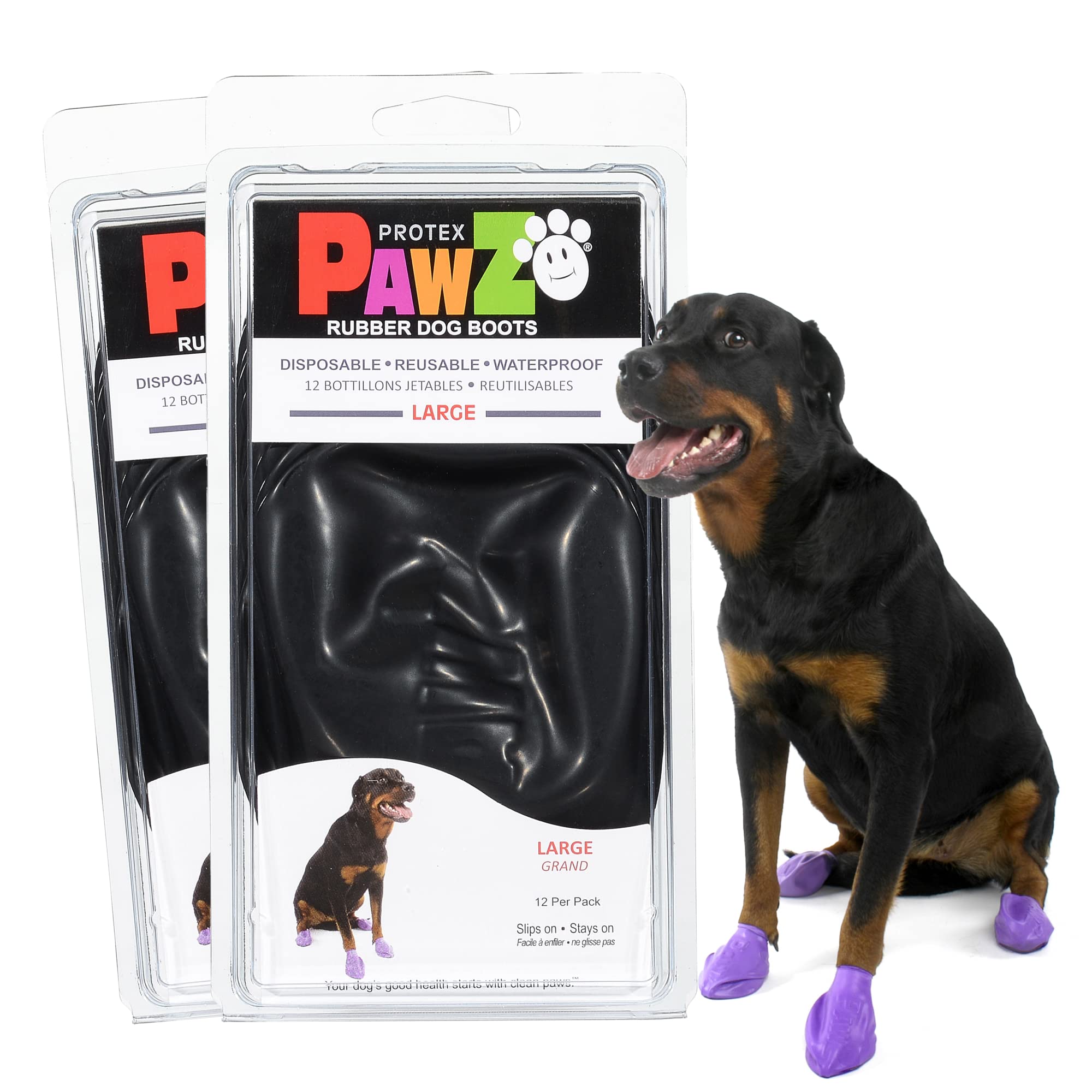 PawZ Rubber Dog Boots for Paws up to 4'', 24 Total (2 Packs of 12) - All-Weather Dog Booties for Hot Pavement, Snow, Mud, and Ra
