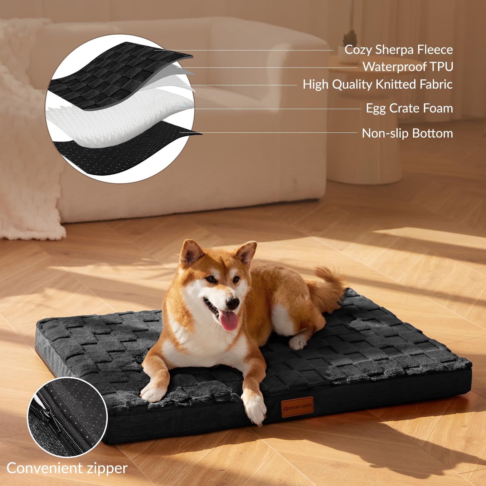 Patas Lague Orthopedic Dog Bed, Large 36"x24", Waterproof Egg Crate Foam, Black, Removable Cover, Nonskid Bottom