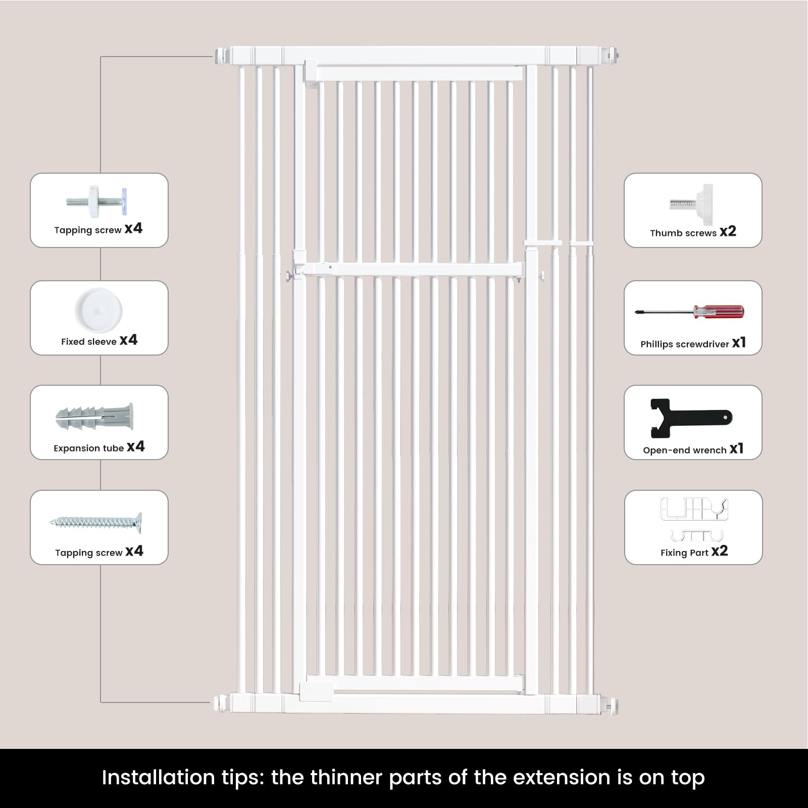 Gardner Pet 51-87 Extra Tall Cat Gate for Doorway, Wide Adjustable 27.56-37 Baby Gate Included 4 Extension Kits, Pressure Mounte