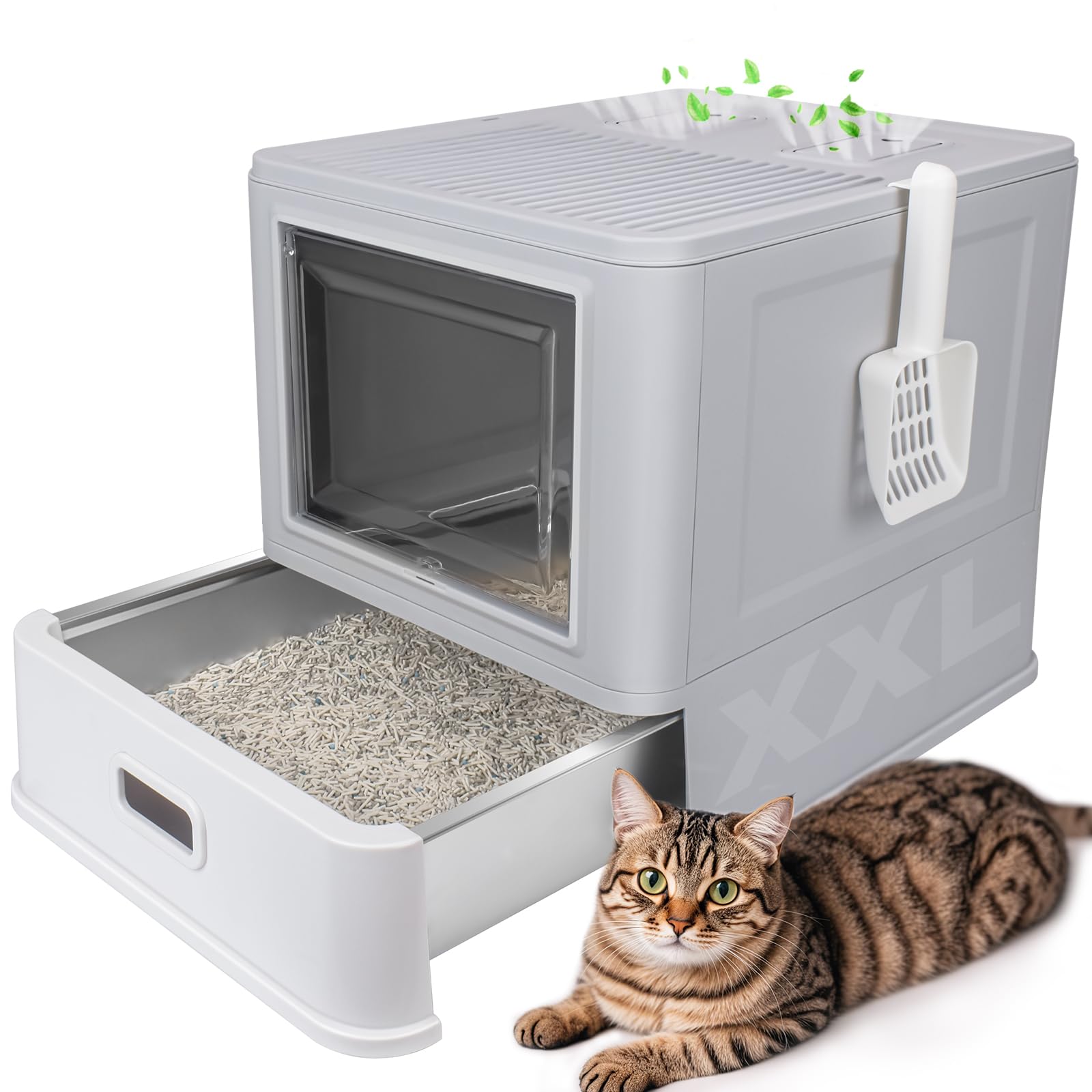 Elegx Odor-Control Drawer Design Stainless Steel Cat Litter Box,Xl Large 4-In-1 Cat Metal Litter Box Set,Extremely Easy To Clean