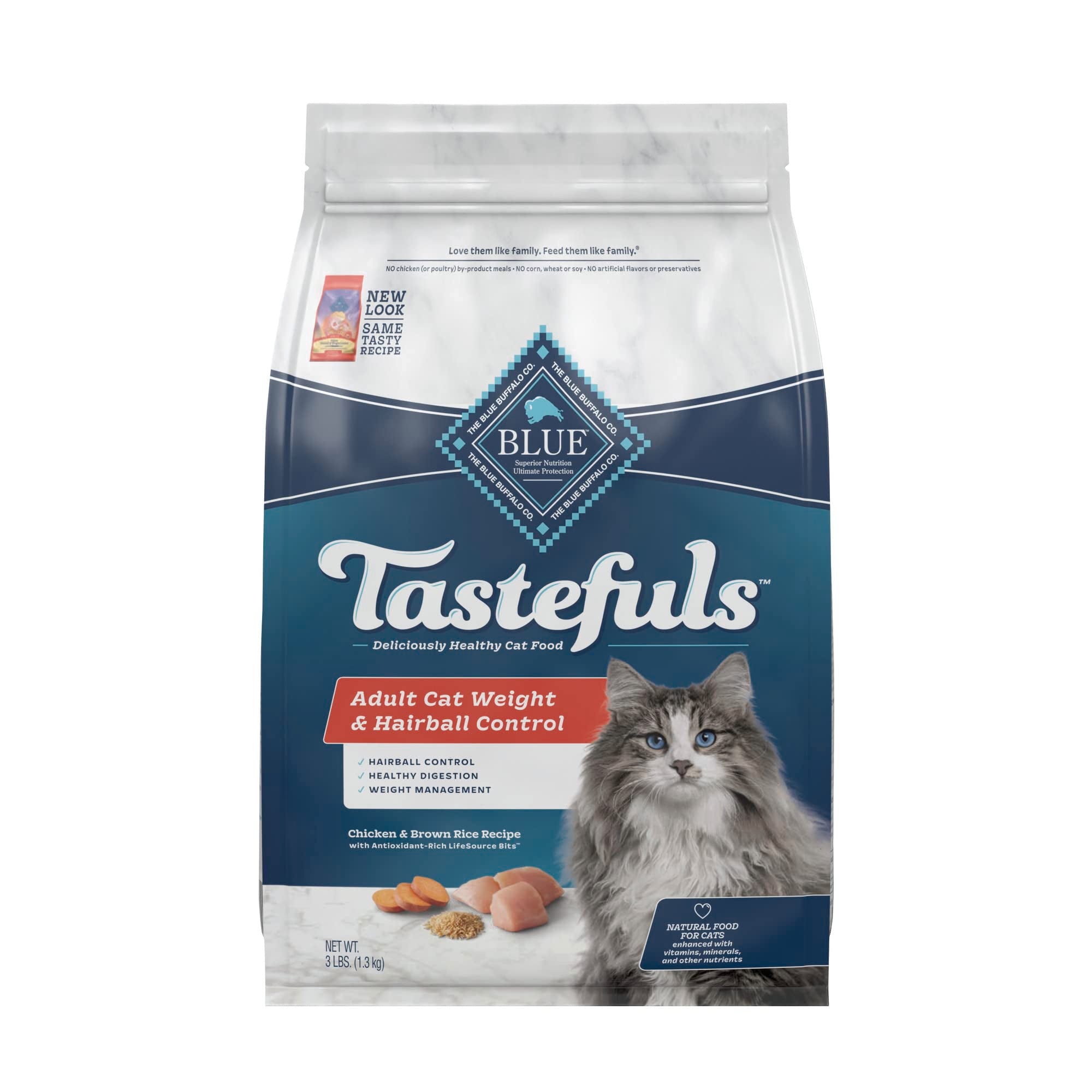 Blue Buffalo Tastefuls Weight & Hairball Control Natural Dry Food for Adult Cats, 3-lb. Bag