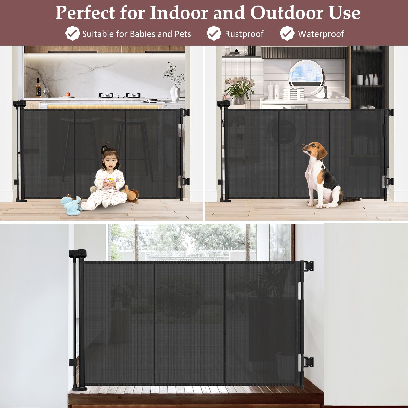 Reinforced 41 Inch Extra Tall Baby Gate 55'' Wide Retractable Dog Gate with Support Rods - Prevents Crawling Under, Indoor Extra