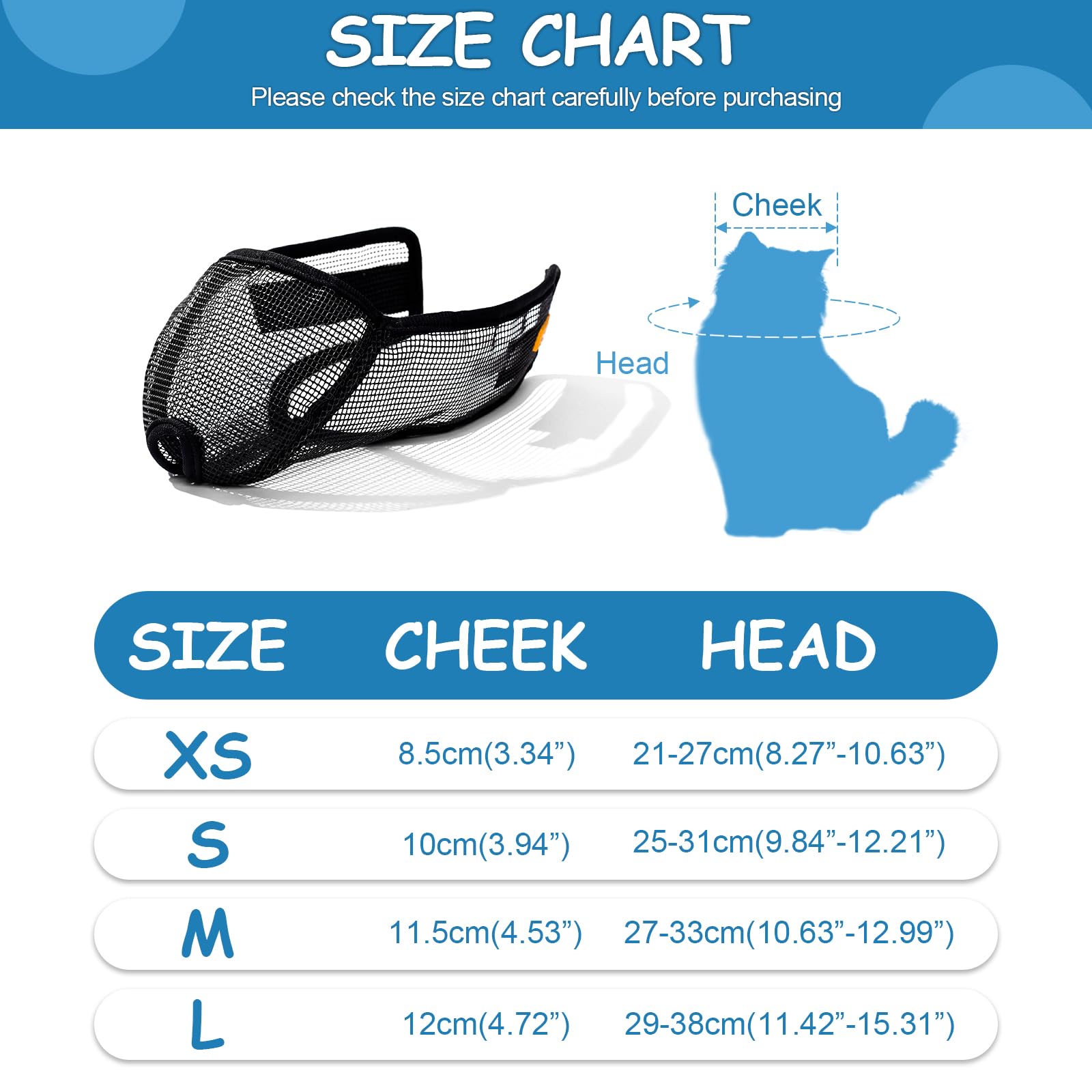 Wintchuk Cat Muzzle For Grooming Nail Trimming With Soft Mesh Covered, Prevent Biting Chewing(L,Black)