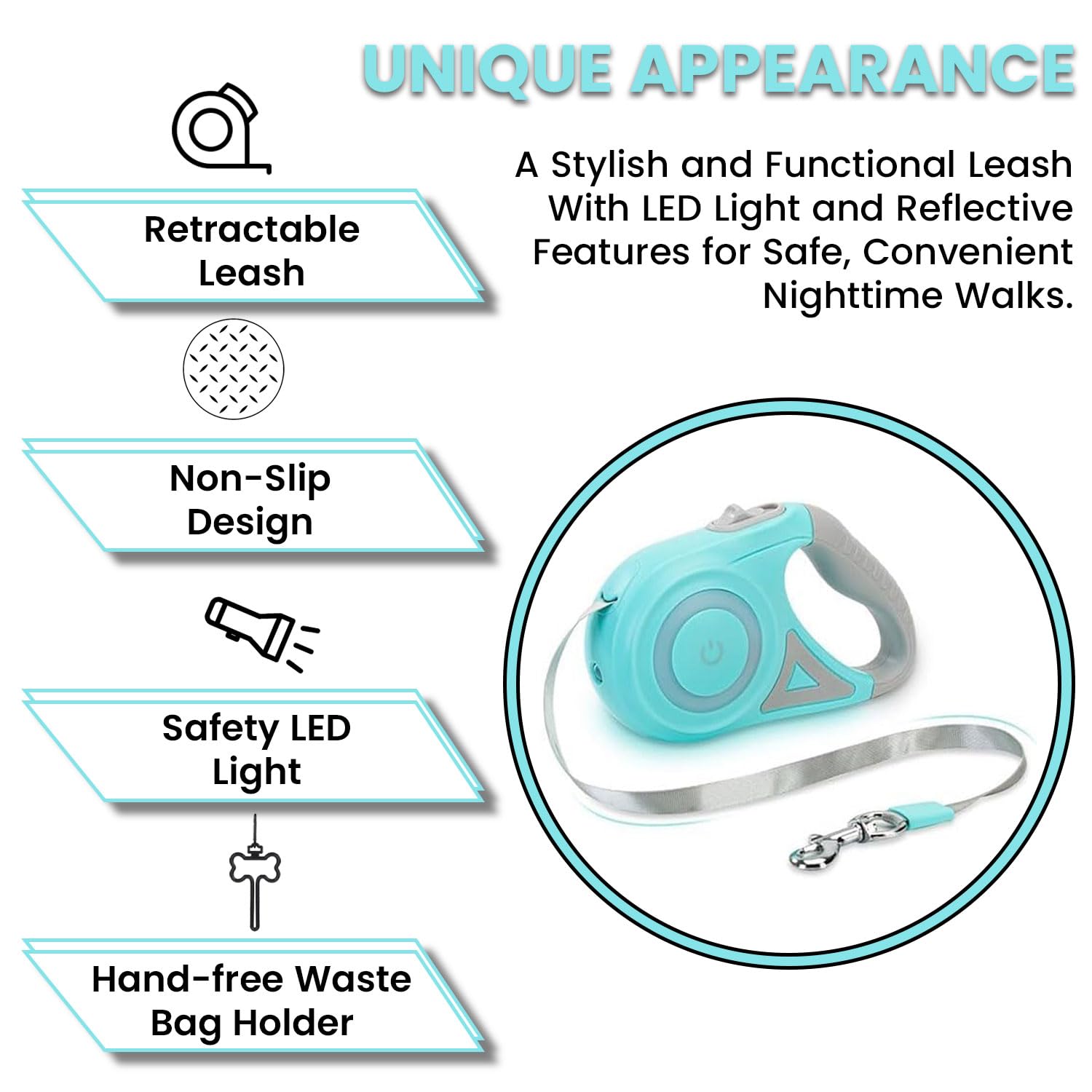 Green Luminous Automatic Retractable Dog Leash With Flashlight And Safety Led For Night Walks & Ultimate Freedom Retractable Dog