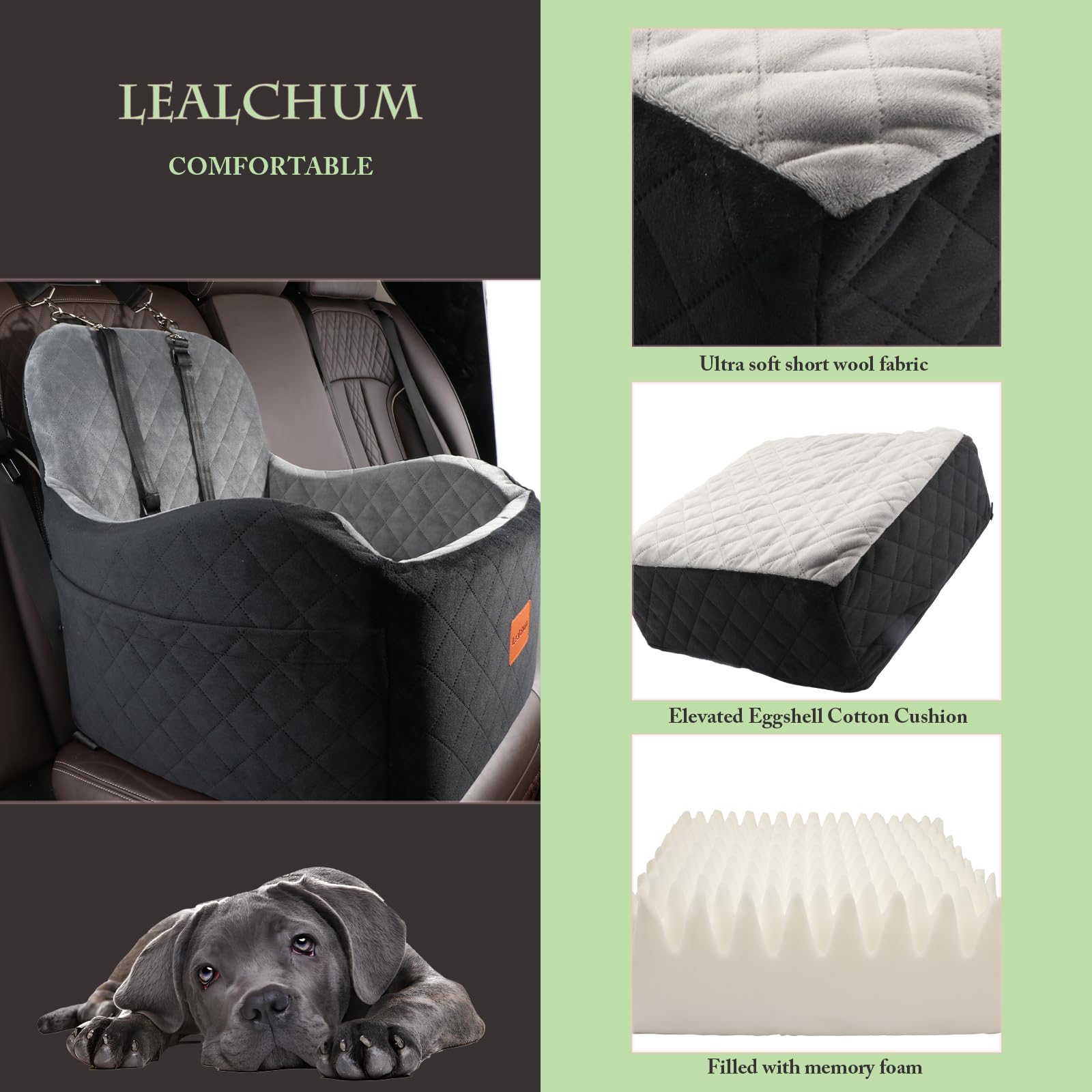 Lealchum Dog Car Seat for Small/Medium Dogs, Red, Velvet, 6in Elevated Cushion, Fully Washable, Easy to Install, Model LESFT01