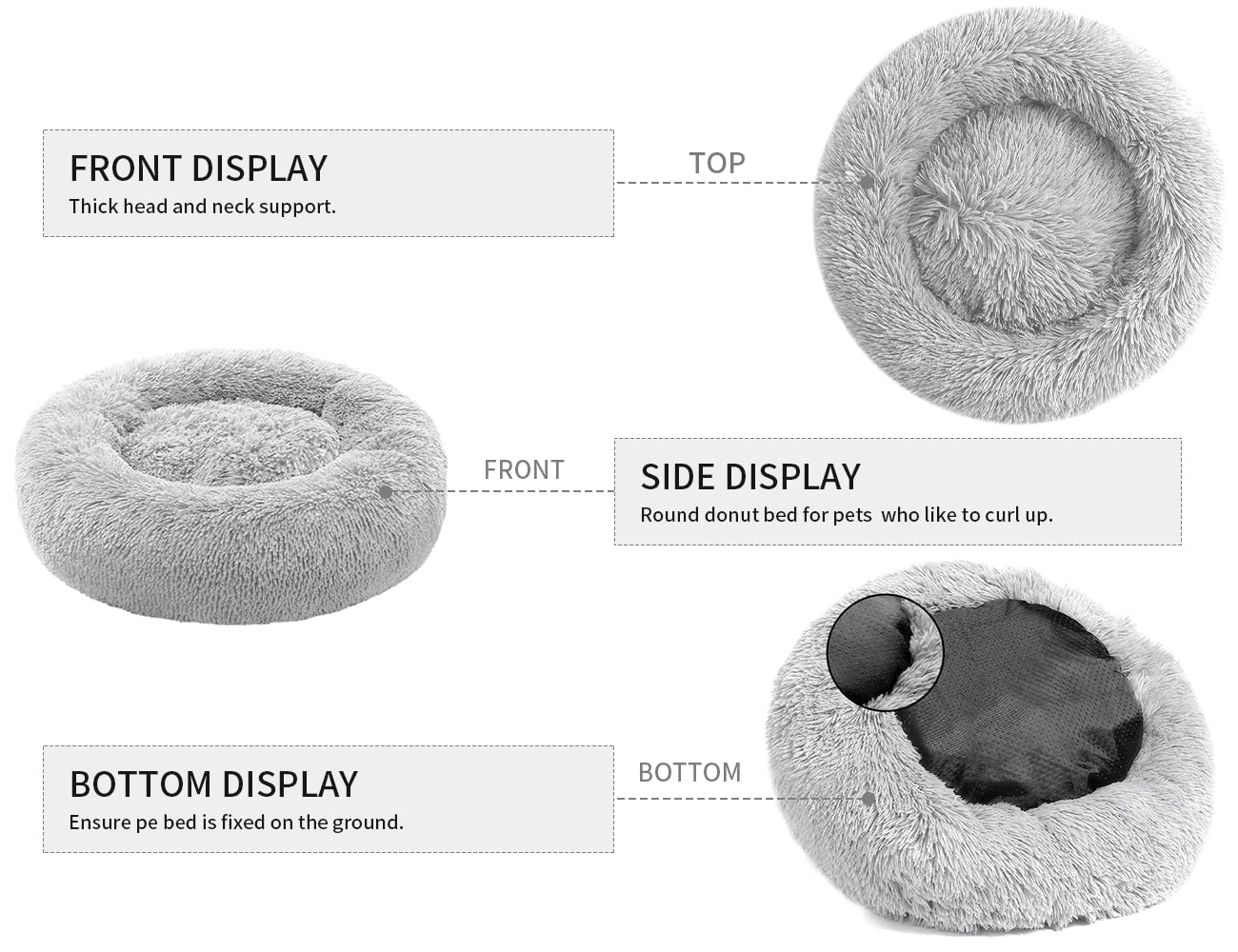 Anti-Anxiety Donut Cat & Dog Bed - Round, Cozy, Plush, Machine Washable, 20x20inch Grey