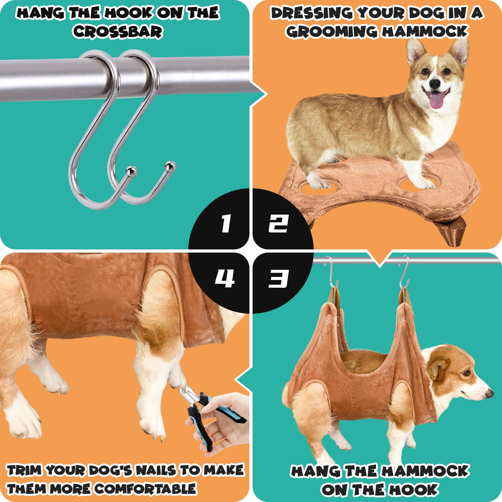 Wscxsc Dog Grooming Kit, Dog Grooming Supplies, Dog Grooming Hammock, Dog Grooming Harness, Dog Nail Clippers, Dog Nail Grinder, Hooks, Dog Hammock Kit For Nail Trimming/Hair Trimming(Coffee, M)