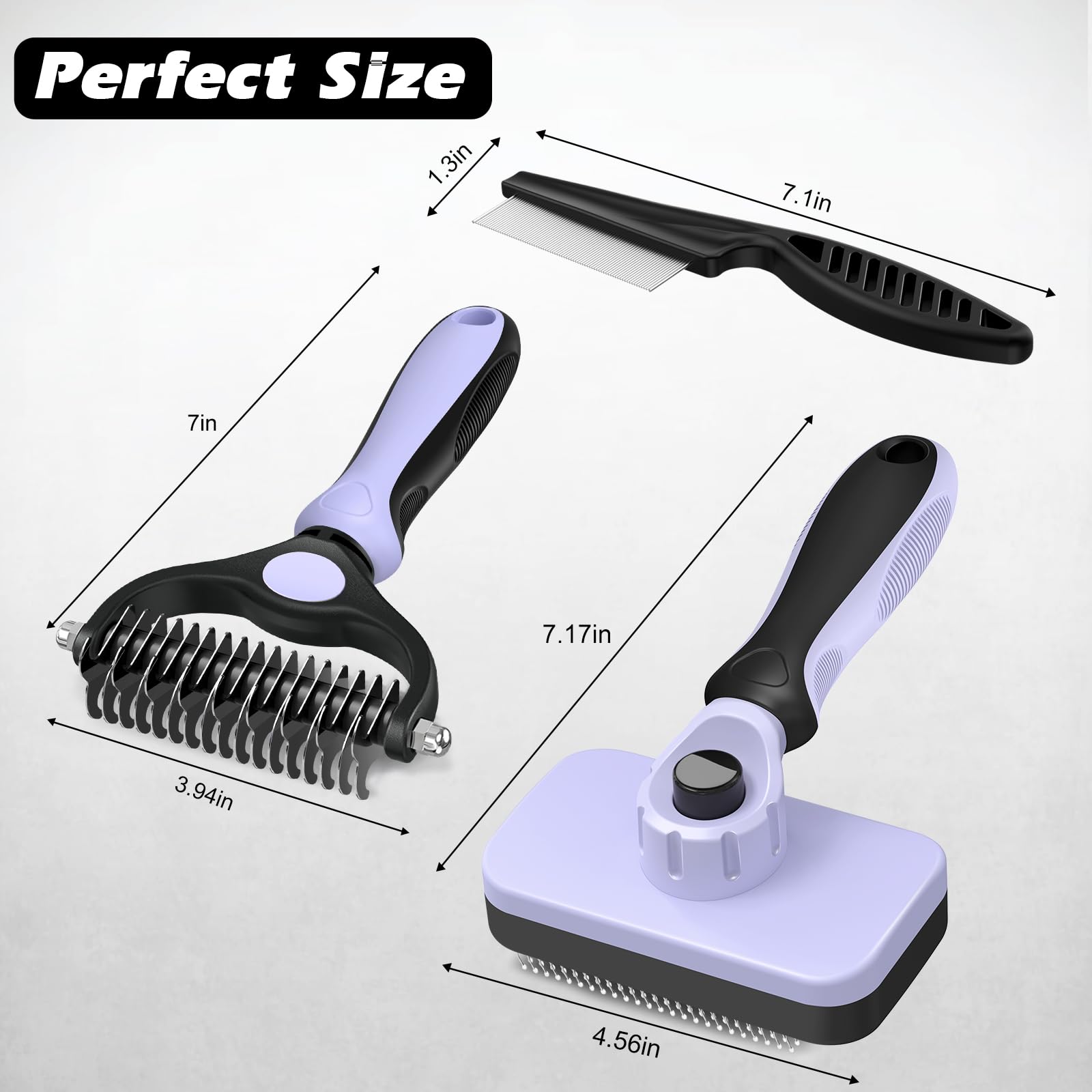 Augwind 3PCS Self Cleaning Pet Grooming Set - Slicker Brush, Rake & Flea Comb, Nylon, Light Purple Black