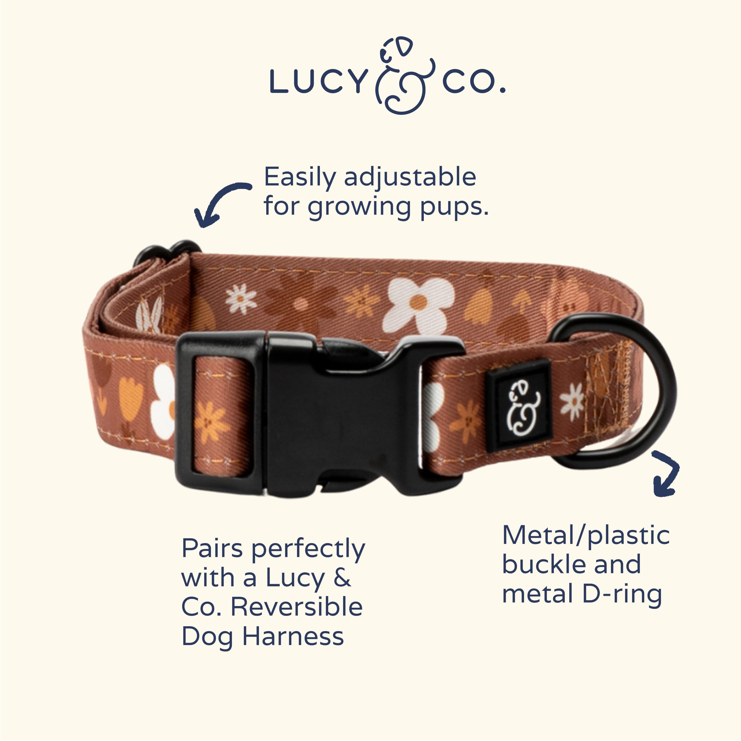 Lucy & Co. Chocolate Meadows Dog Collar - Durable Lightweight Designer Collar For Pets - Adjustable Metal Safety Buckle (Small,