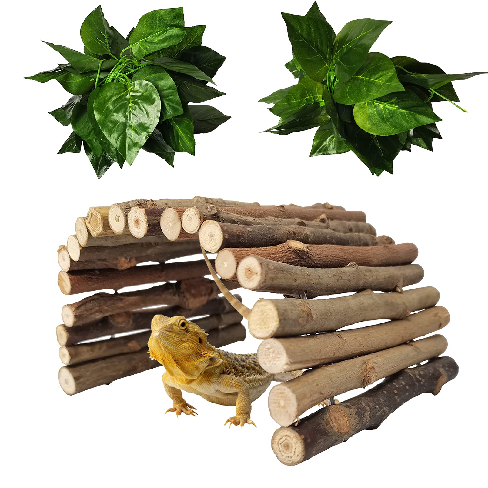 Hamiledyi Wooden Reptile Hideout Bearded Dragon Bendy Bridge Climbing Ladder Hiding Hut Reptiles Hide Cave Habitat Decor For Liz