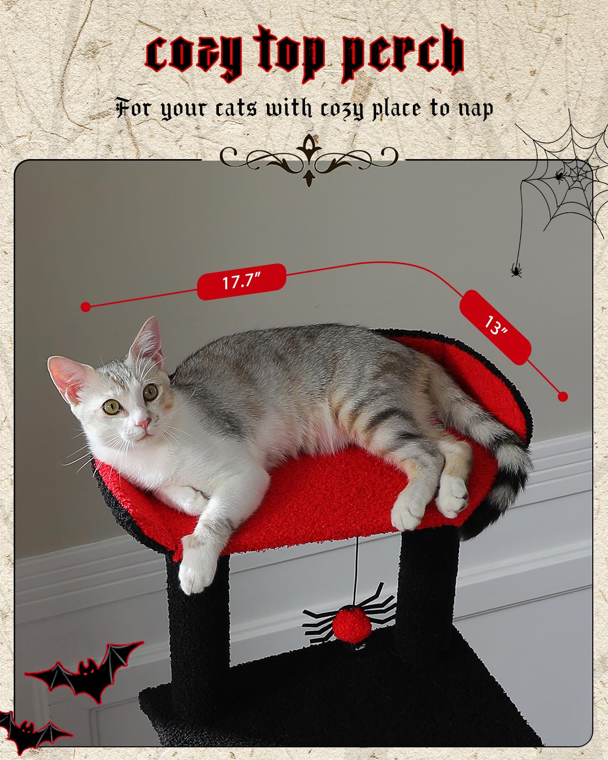 Muttros 59'' Gothic Cat Tree With Coffin Bed-Black Cat Tower For Indoor Cats With Spacious Cat Condo & Cozy Hammock, Spider Hang