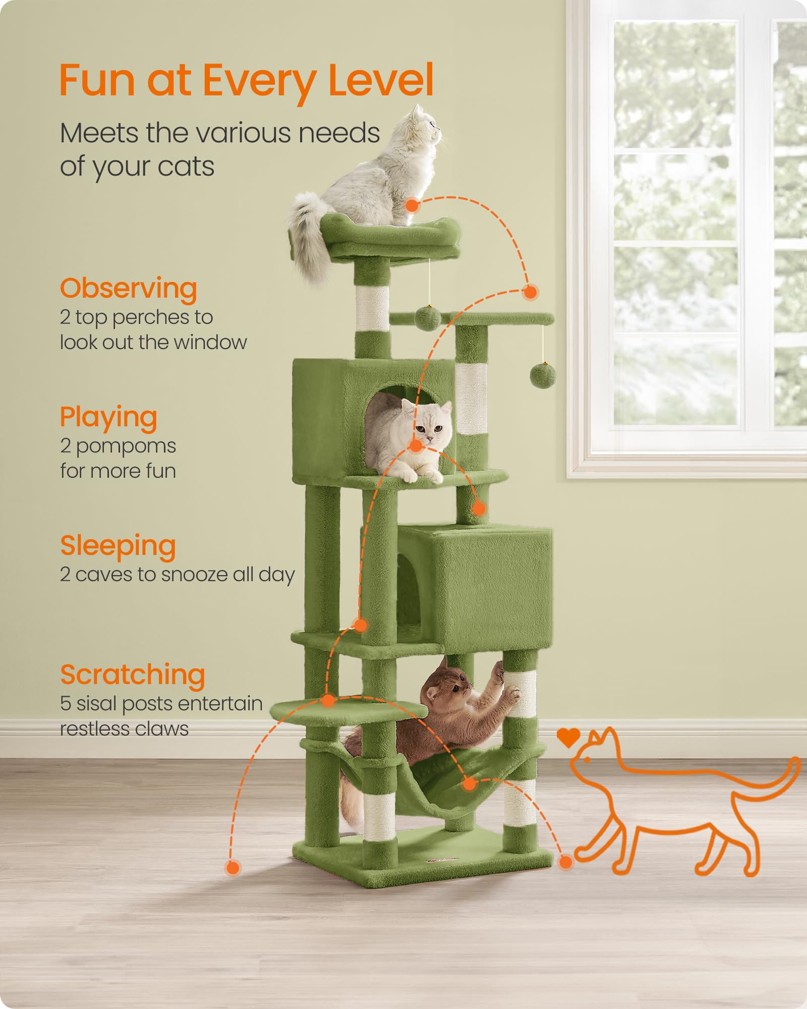 Feandrea Cat Tree, 61-Inch Cat Tower For Indoor Cats, Plush Multi-Level Cat Condo With 5 Scratching Posts, 2 Perches, 2 Caves, H