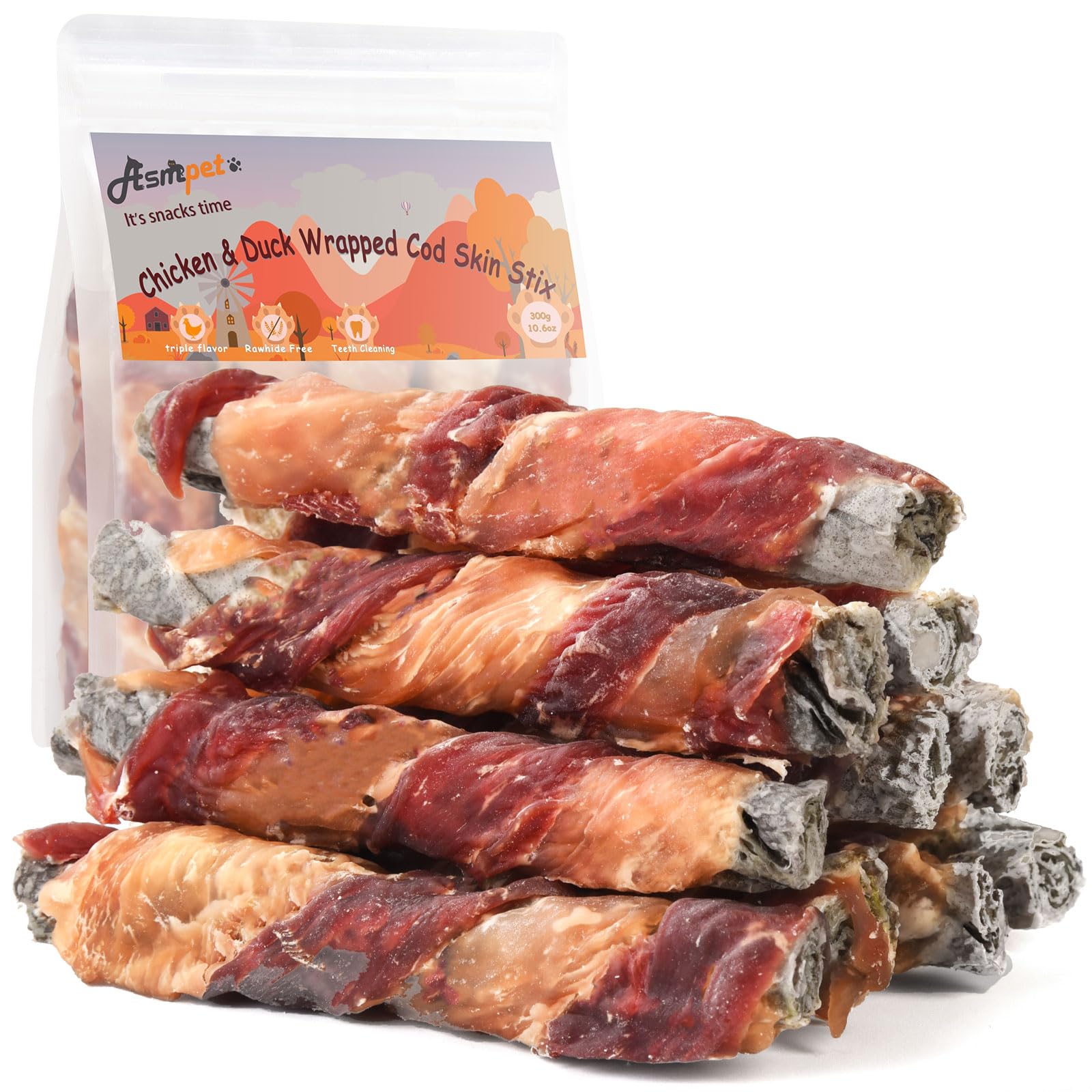 ASMPET Dog Treats Chews, Chicken & Duck Wrapped Cod Skin Sticks, Rawhide Free Cod Skin Treats for Dogs 10.6 oz