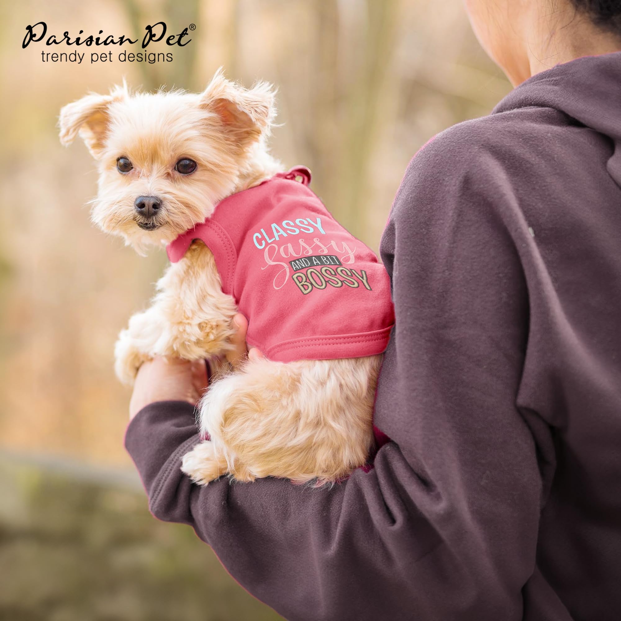 Parisian Pet Dog T-Shirt With Embroidered 'Classy, Sassy And Bit Bossy' Words - 100% Cotton, Pink Dog Clothes - Cute Pet Vest - Machine Washable Dog Shirt For Large Dogs, Xl