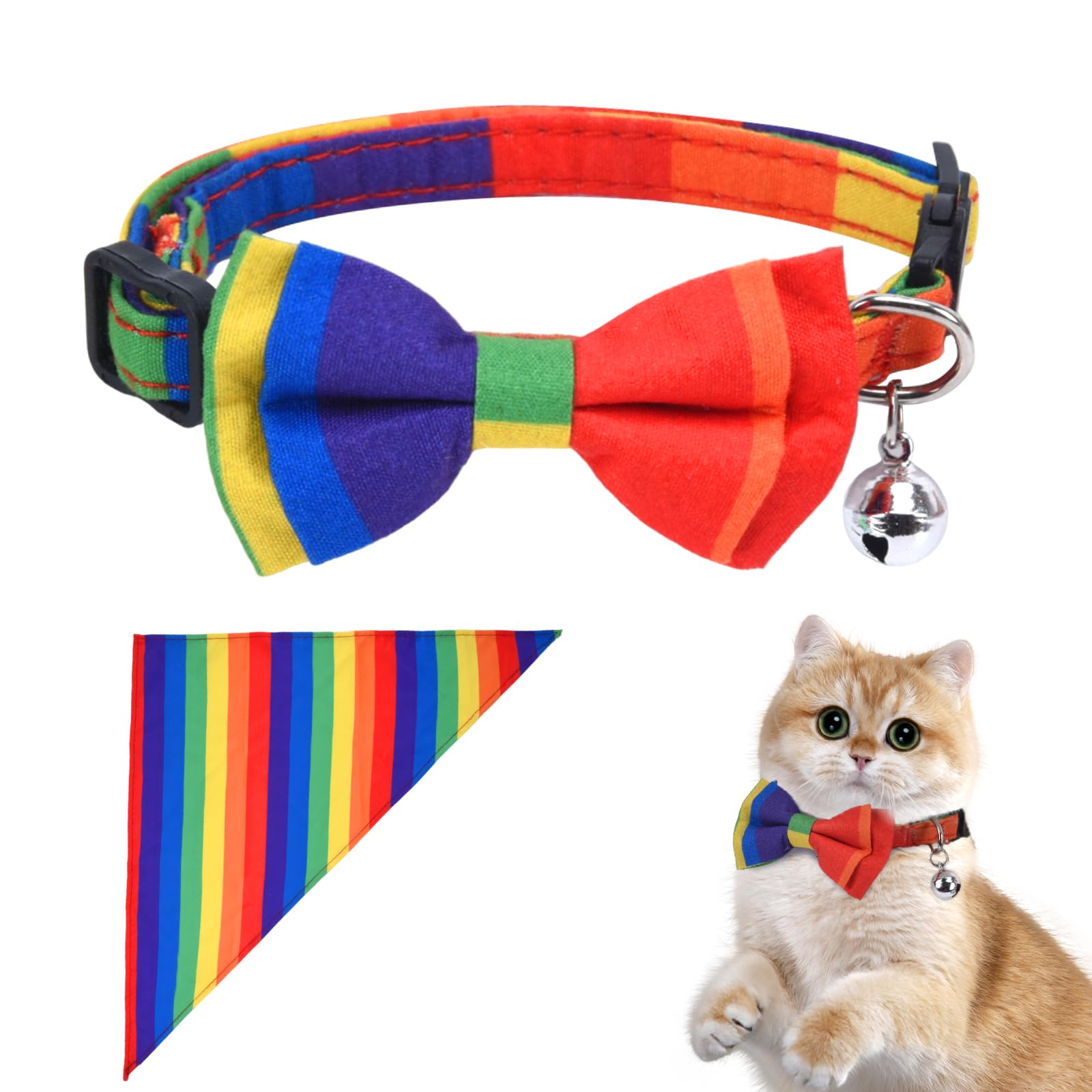 Yeebeny Rainbow Cat Collar, Rainbow Cat Collars With Bell, Cat Tags Personalized, Adjustable Rainbow Collar And Scarf Decoration