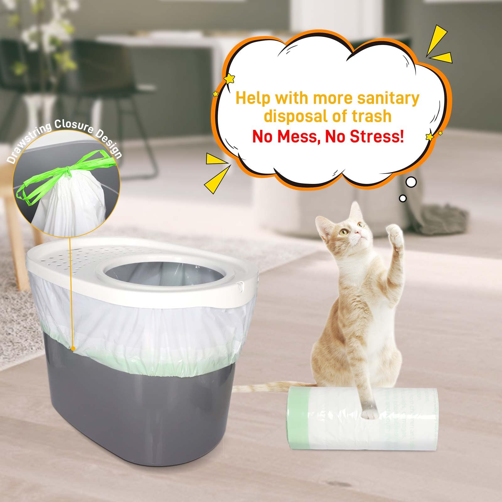 VoagLuk Cat Litter Box Liners - Heavy Duty Plastic, 25 Count, Drawstring, Compatible with Top Entry Litter Pans