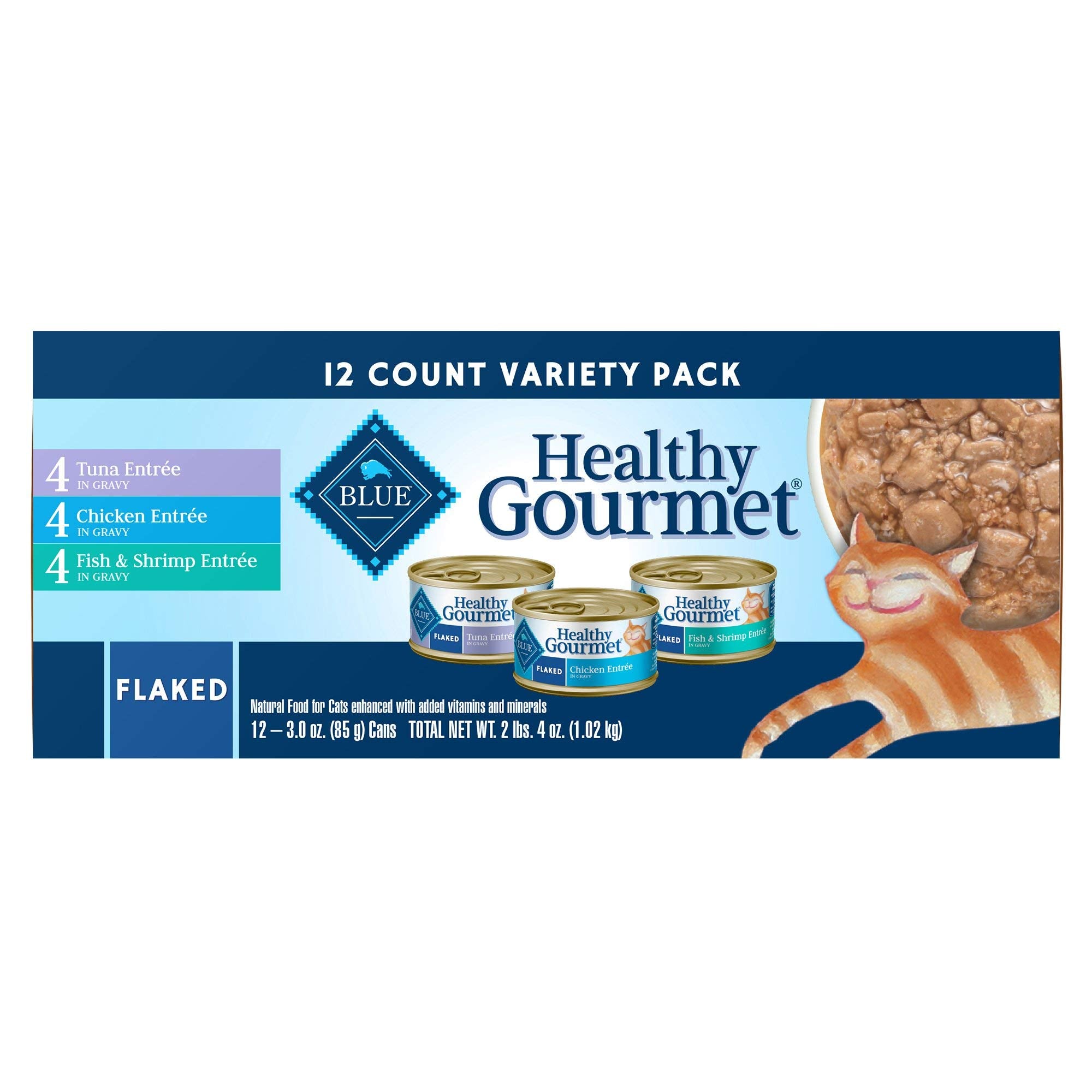 Blue Buffalo Healthy Gourmet Natural Adult Flaked Wet Cat Food Variety Pack Tuna, Chicken, Fish & Shrimp 3-Oz Cans (12 Count- 4