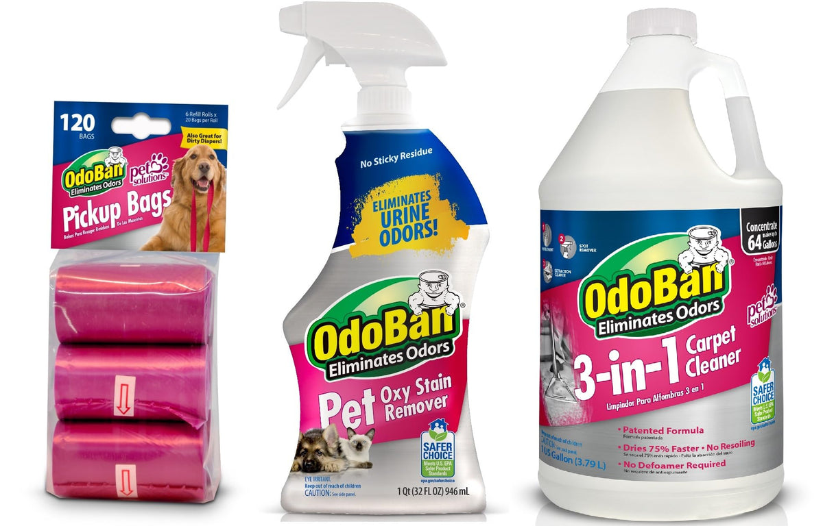 Odoban Pet Solutions Oxy Stain Remover 32 Ounce Spray, 3-In-1 Carpet Cleaner, 1 Gallon, And 120 Dog Waste Pickup Bags