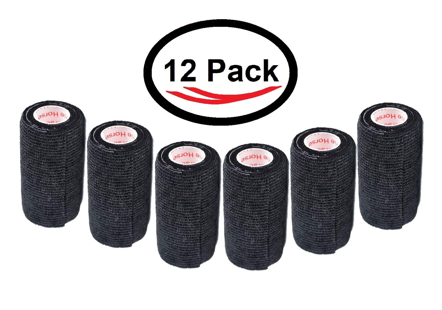 4 Inch Vet Wrap Tape Bulk (Black) (Pack of 12) Self Adhesive Adherent Adhering Flex Bandage Grip Roll for Dog Cat Pet Horse