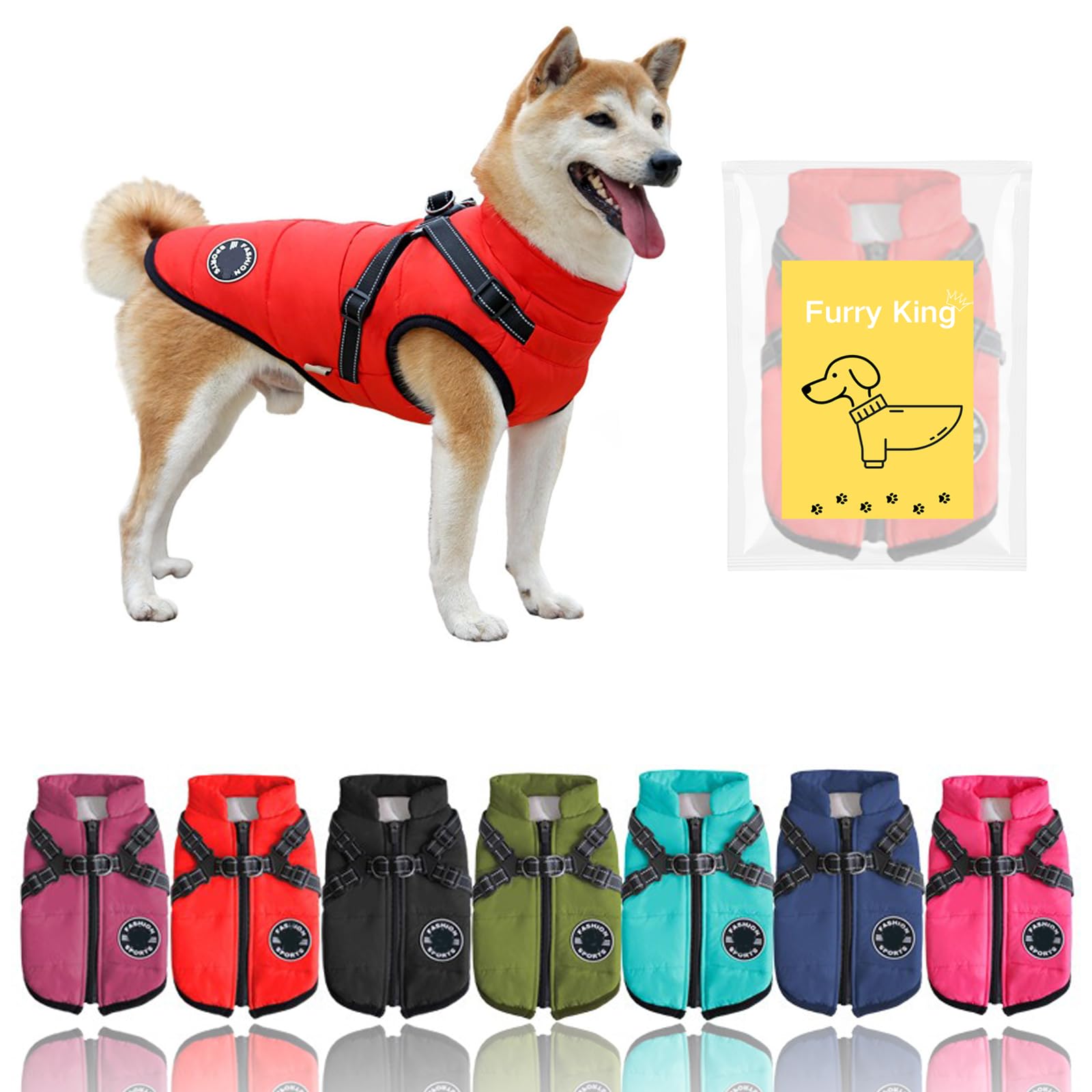 Furry King Dog Winter Coat With Harness, 7 Colors, Waterproof, Fleece Lined. (Red, 4Xl)