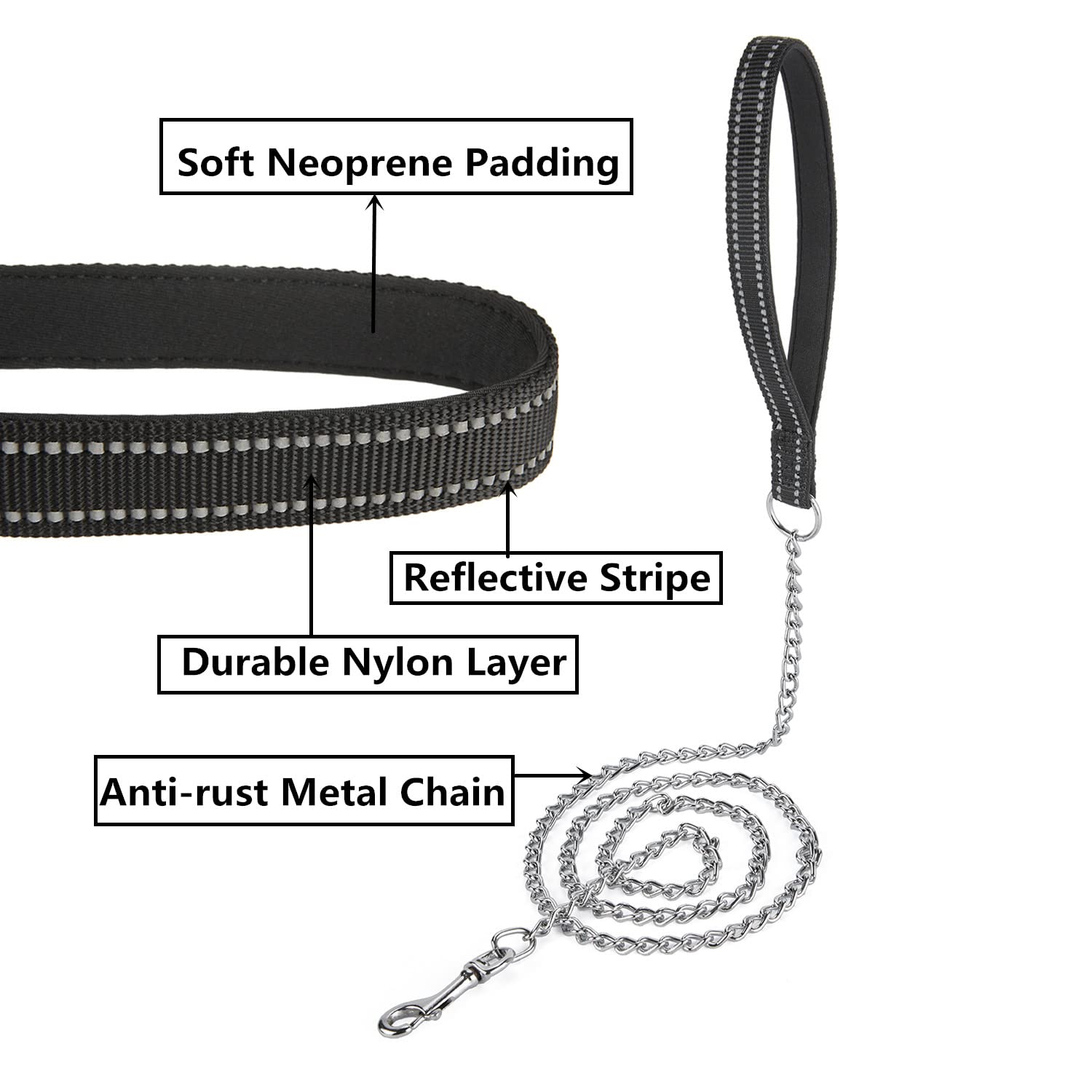 Petiry Chew Proof Metal Chain Leash,Nylon Handle With Soft Neoprene Padding And Reflective Stripe For Small Dogs.(S, Black Handl