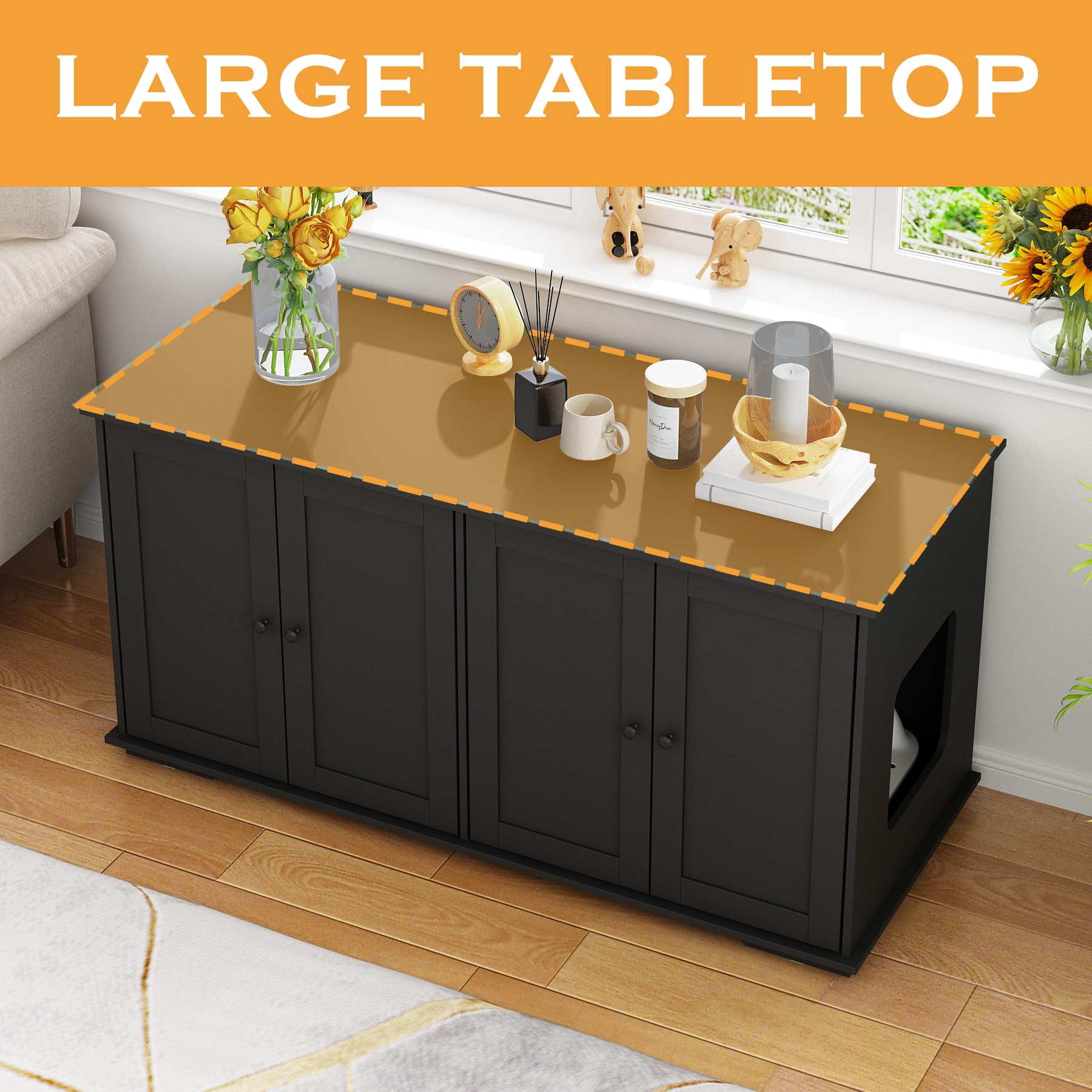 Moolive Cat Litter Box Enclosures, 47.2'' Double Hidden Litter Box Furniture Cabinet With 4 Doors And Divider, Large Cat Washroo