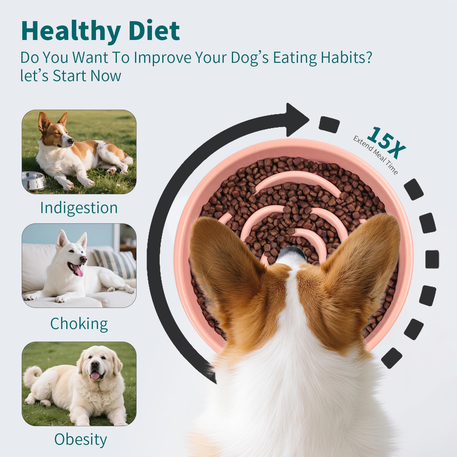 Pink Ceramic Dog Bowl Slow Feeder for Medium and Large Breed,1.5 Cup 8.26 in Slow Feeding Bowl,Puzzle Dog Food Bowl for Fast Eat