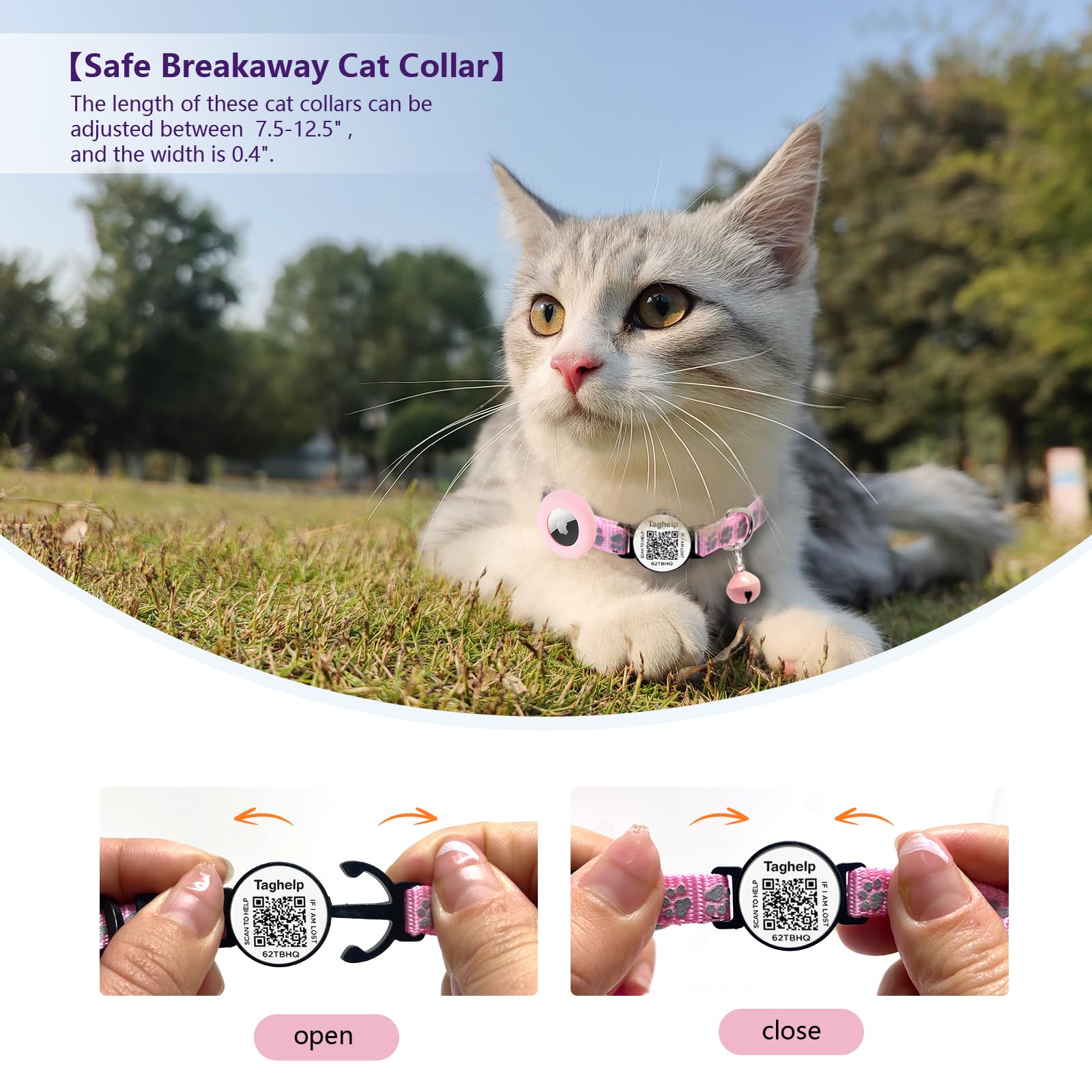 Airtag Cat Collar Breakaway With Bell & Reflective Design - Cute Paw Print Kitten Collar With Apple Airtag Holder & Safety Buckl