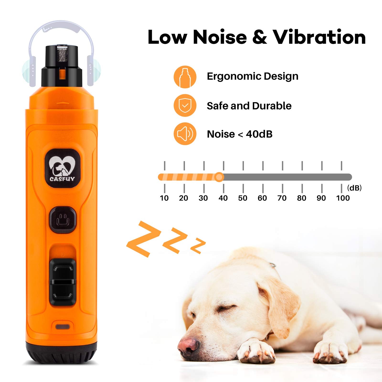 Casfuy Dog Nail Grinder With 2 Led Light - New Version 2-Speed Powerful Electric Pet Nail Trimmer Professional Quiet Painless Paws Grooming & Smoothing For Small Medium Large Dogs And Cats (Orange)