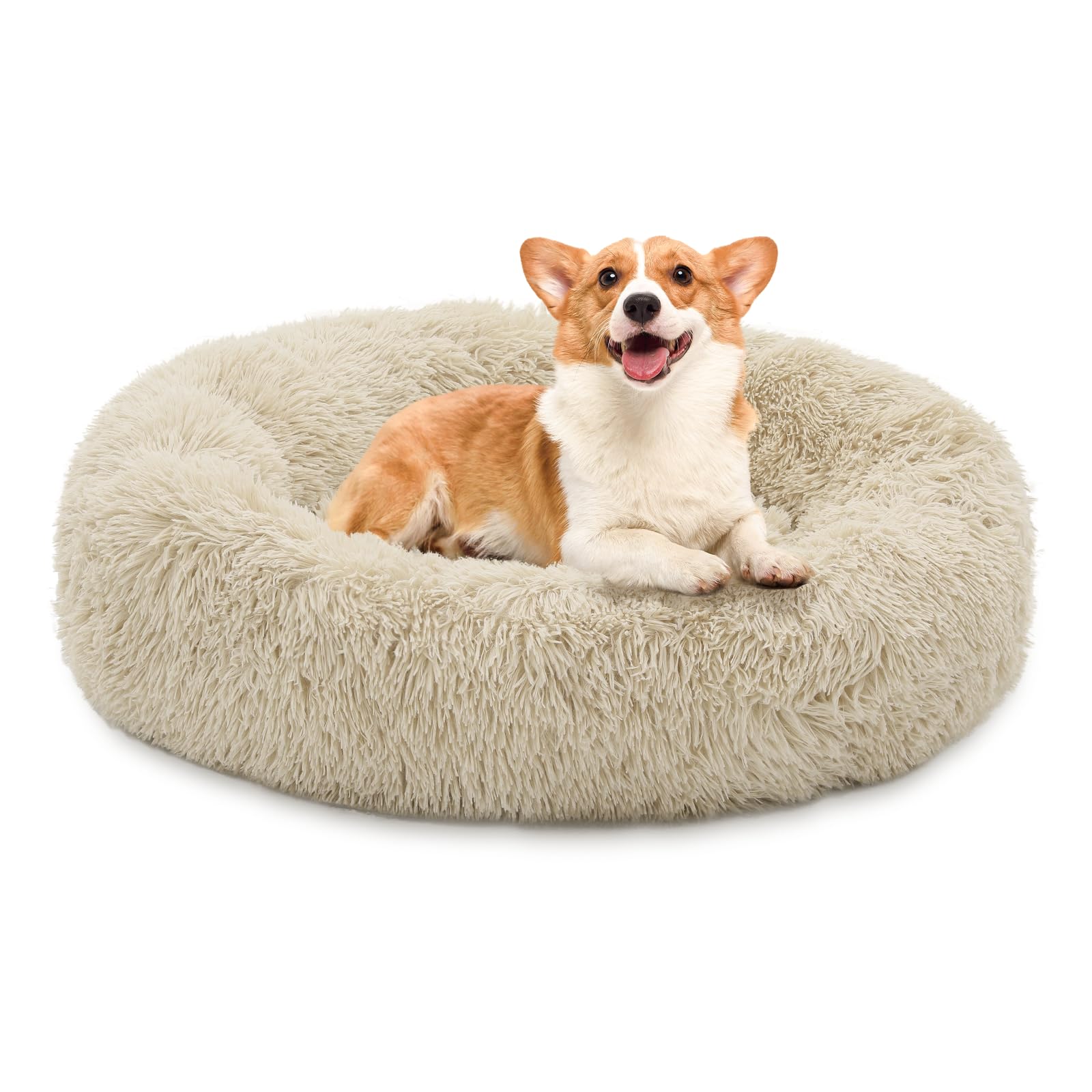 Magshion Long Plush Calming Dog Beds For Medium Dogs, Comfy Cuddler Donut Cat Beds For Indoor Cats, Machine Washable & Non-Slip 