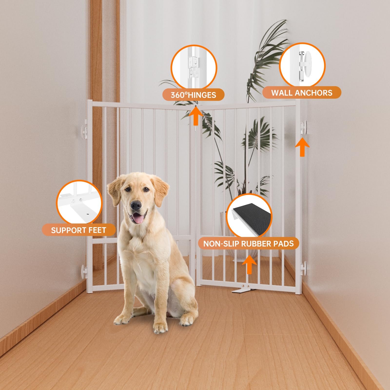SNUOWU Full Metal Freestanding Dog Gate with Door, 32Height Foldable Pet Dog Fence for Indoor & Outdoor, 2 Panels Extra Wide F