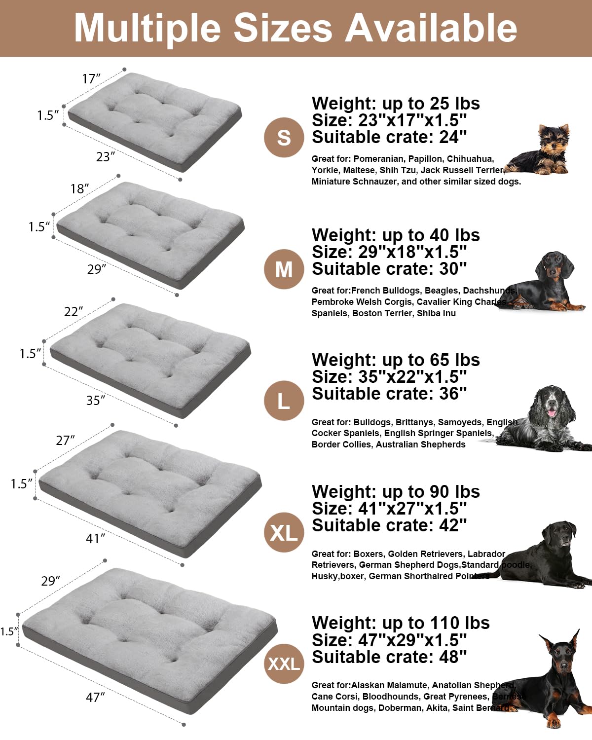 Emslx Dog Bed For Crate Washable Dog Beds Large Sized Plush Kennel Pad Pet Sleeping Mat With Anti-Slip Bottom, 35X22 Inch, Grey