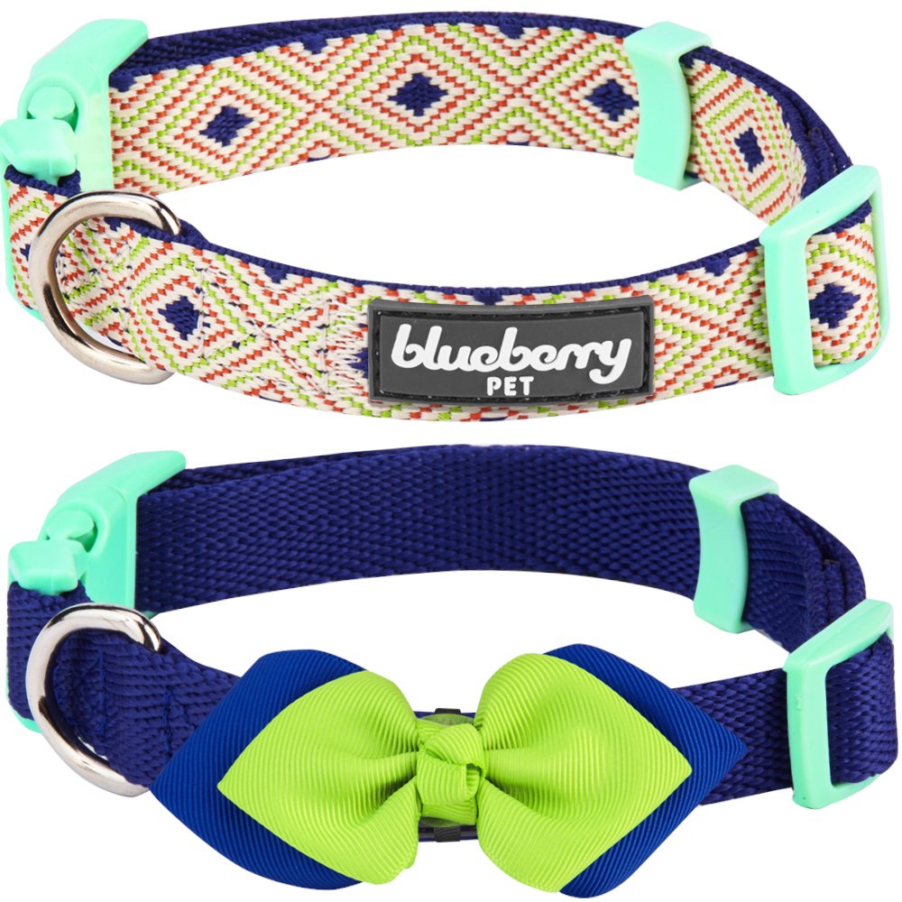 Blueberry Pet Pack Of 2 Multiple Patterns Mix And Match Stunning Diamonds Adjustable Dog Collar With Detachable Green Bow Tie, Small, Neck 12'-16'