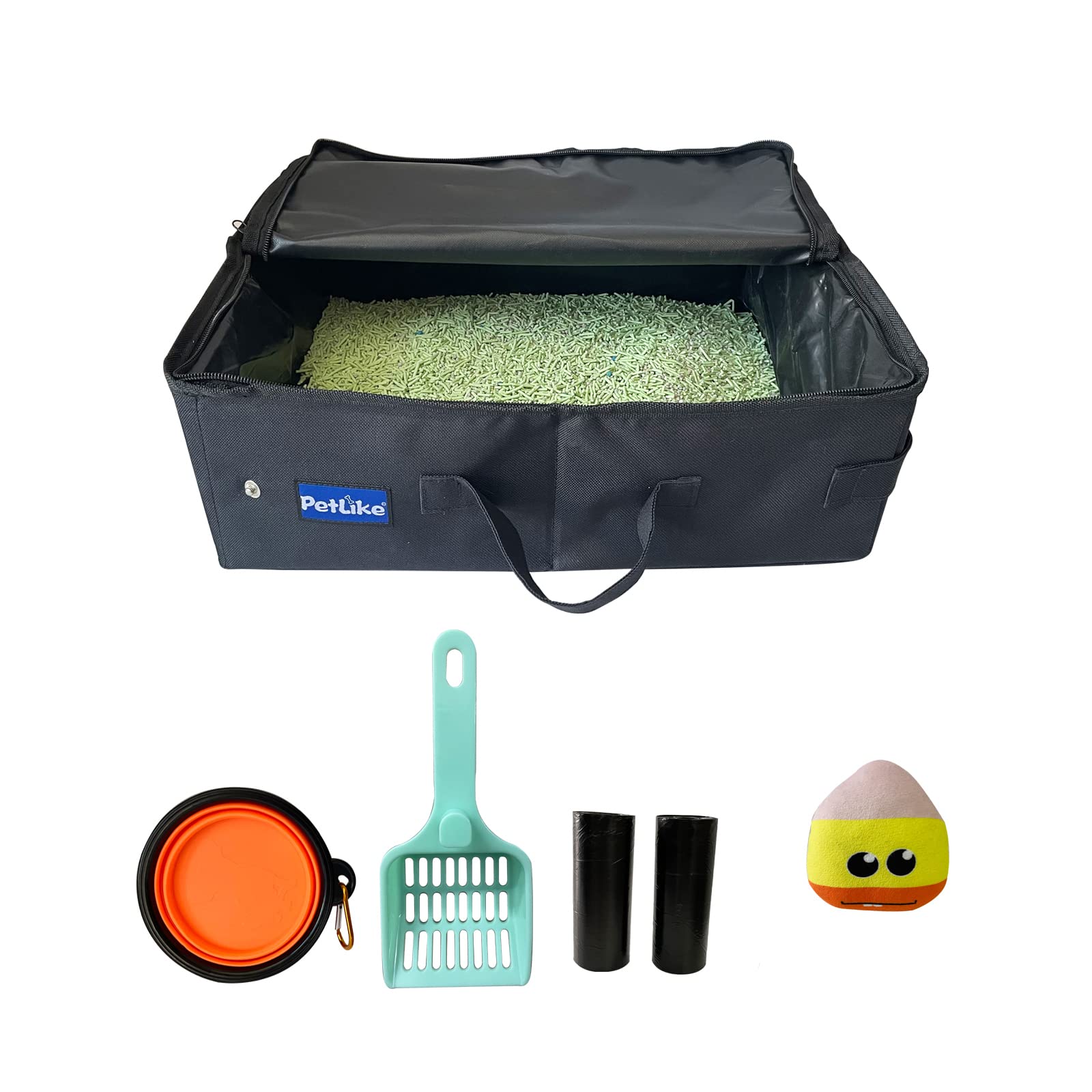 Petlike Travel Cat Litter Box, Leak-Proof Portable Litter Box, Collapsible Toilet Tray Carrier For Small Medium Cats (Medium, Black Set)