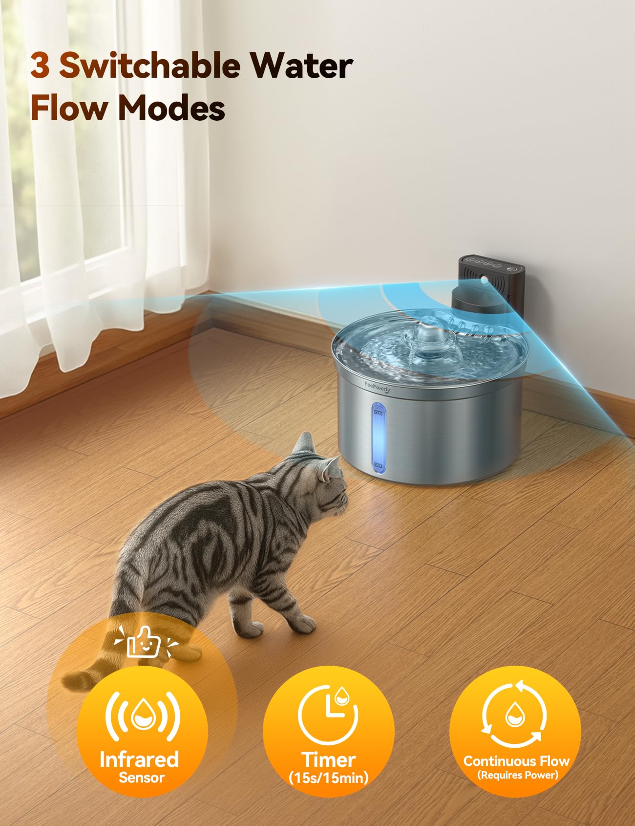 Feelneedy Cordless Cat Water Fountain Stainless Steel With Motion Sensor, Water-Battery Separation Safety Design,4000Mah Battery