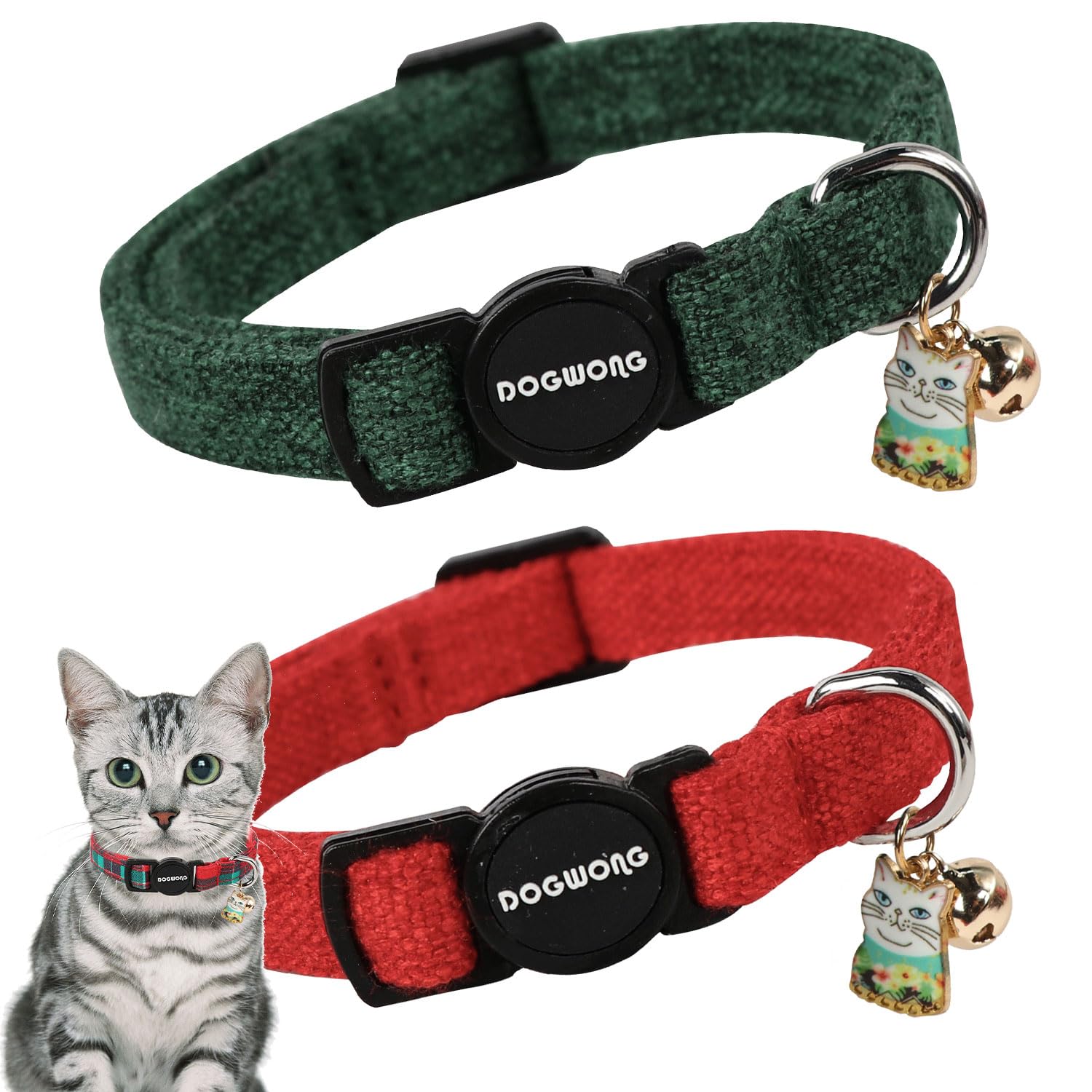 Cat Collar,2 Pack Holiday Cat Collars Breakaway With Bell, Dogwong Safety Buckle Red Green Christmas Cat Collar For Girl Boy Cat