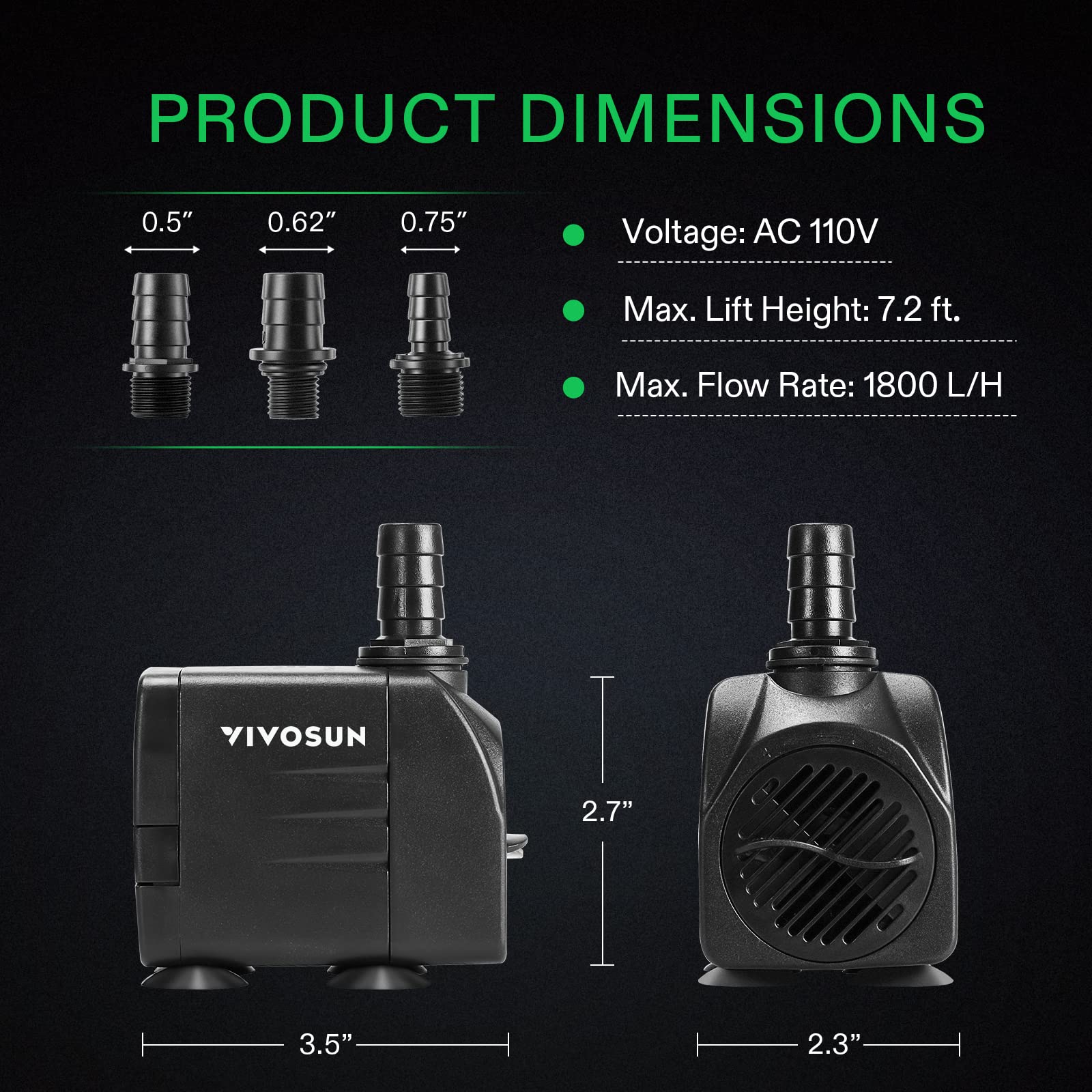 VIVOSUN 480GPH Submersible Pump, Ultra Quiet 25W Fountain Pump, 7.2ft Lift, Black, HSB950-1800LNJ-EU,