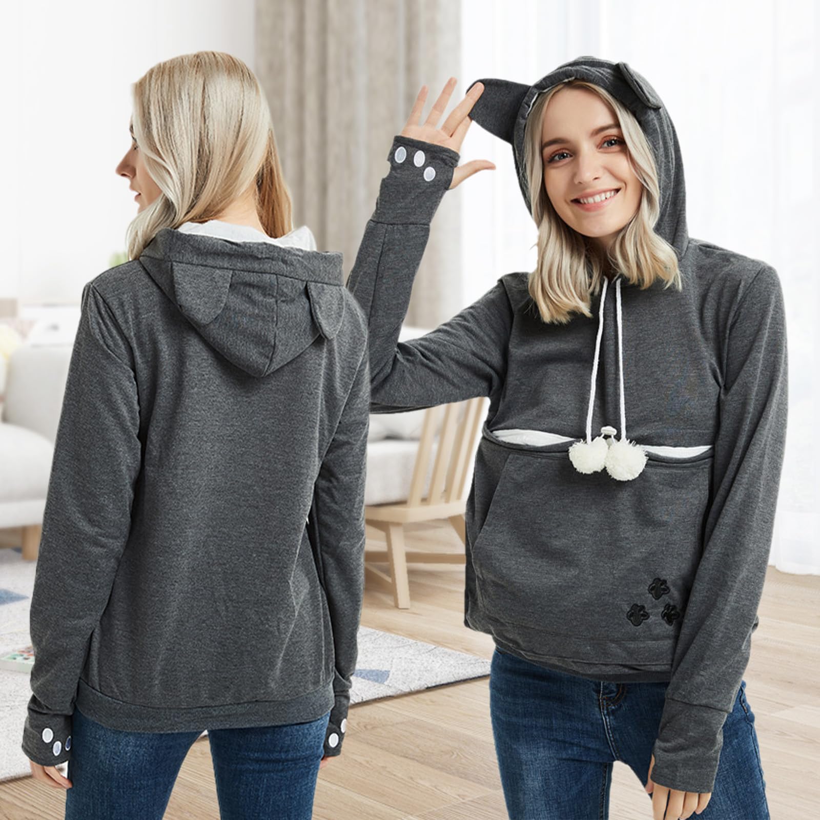 YYW Womens Pet Hoodies Pullover Sweatshirt Oversized Cat Hoodies Pet Holder Cat Dog Pouch Carriers (Dark Grey,XX-Large)