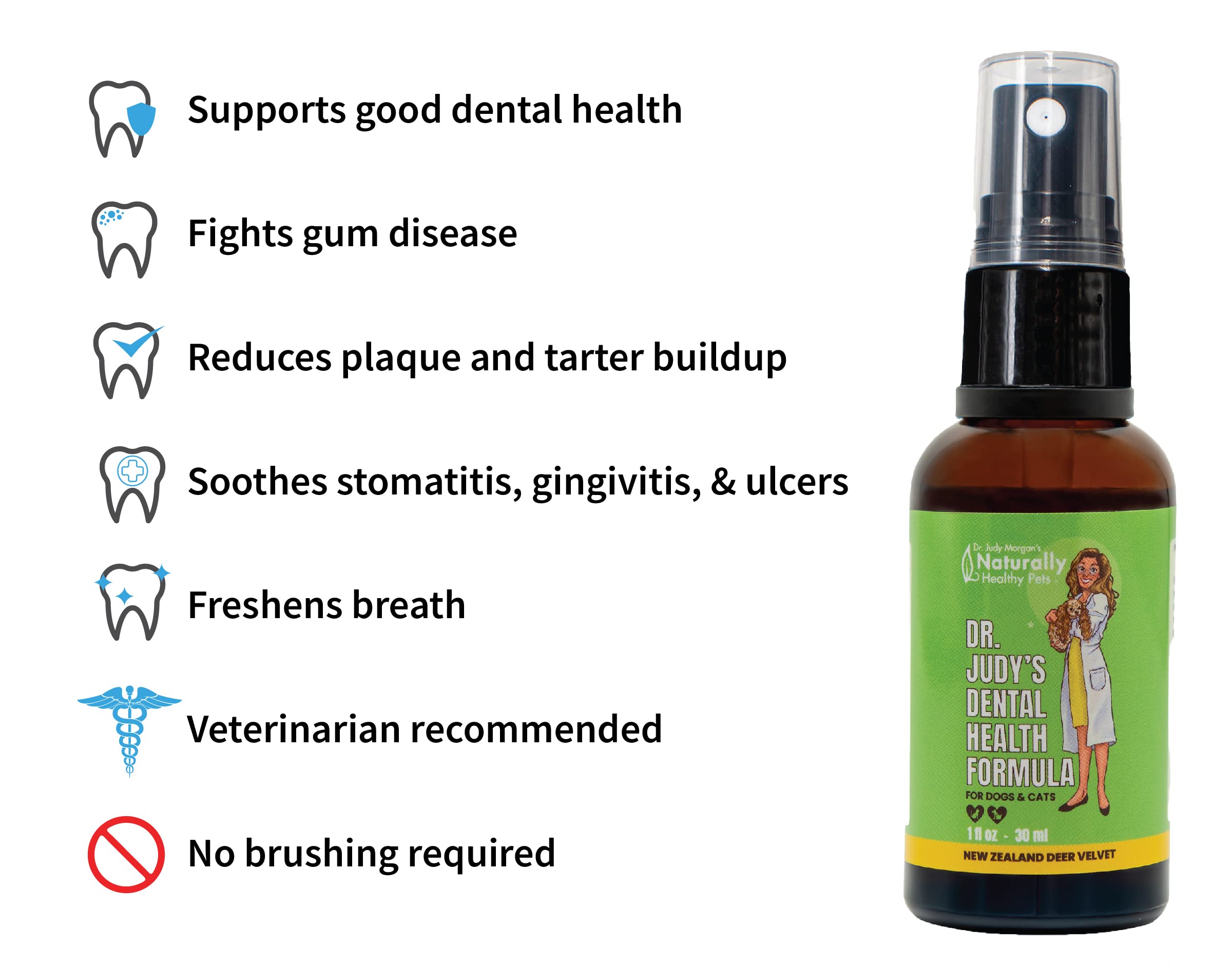 Dr. Judy Morgan's Dental Health Oral Spray for Dogs & Cats, 30 ml, New Zealand Deer Antler Velvet & Manuka Honey